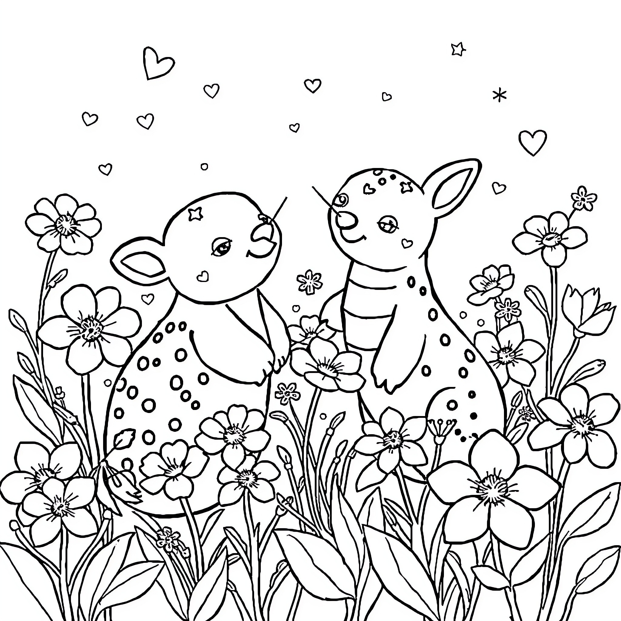 Animal characters playing happily in floral field Coloring Page (free black-and-white line drawing printable PDF for all, from beginners to advanced learners, including children, teens, adults, and seniors)