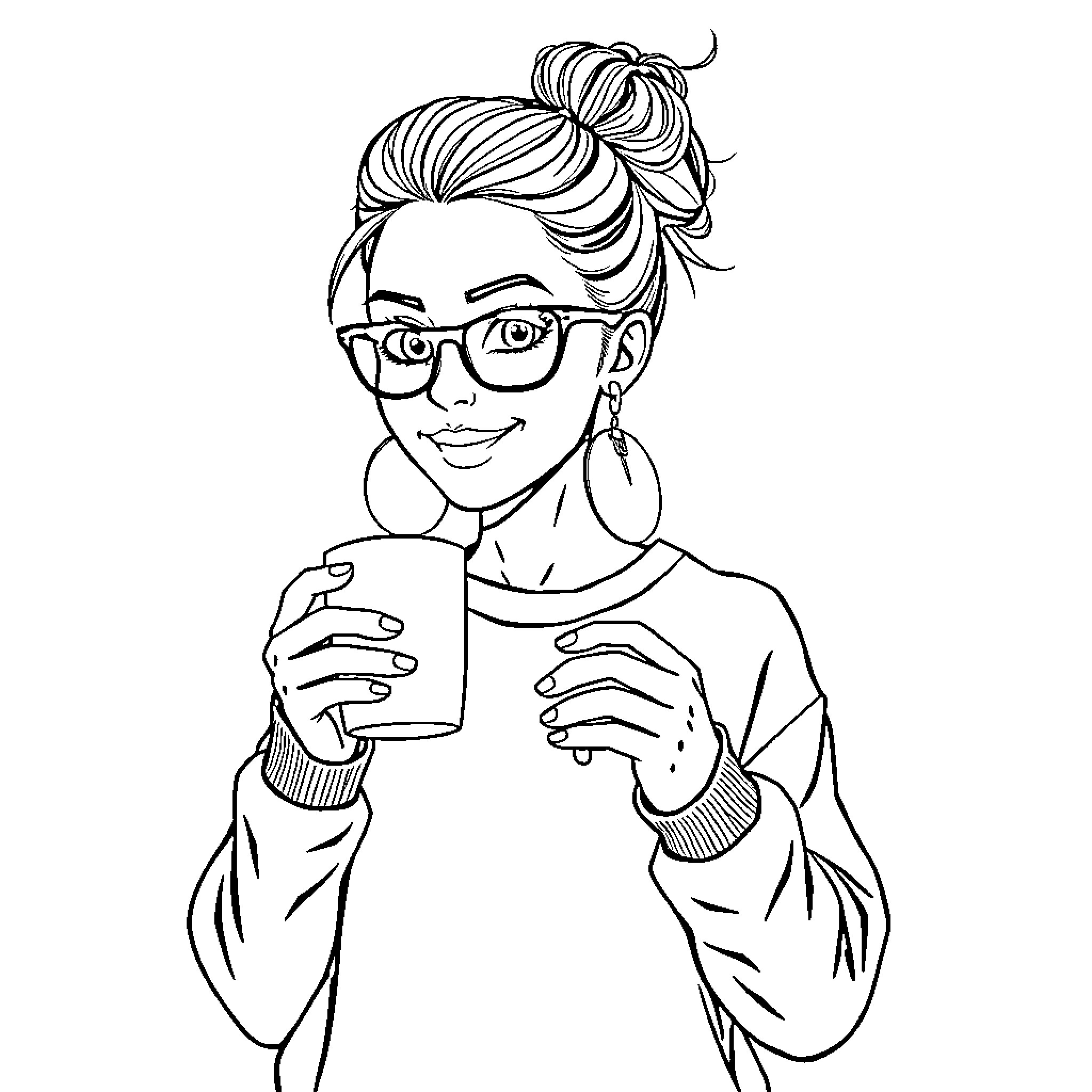 Mom enjoying a warm beverage with a smile Coloring Page (free black-and-white line drawing printable PDF for all, from beginners to advanced learners, including children, teens, adults, and seniors)