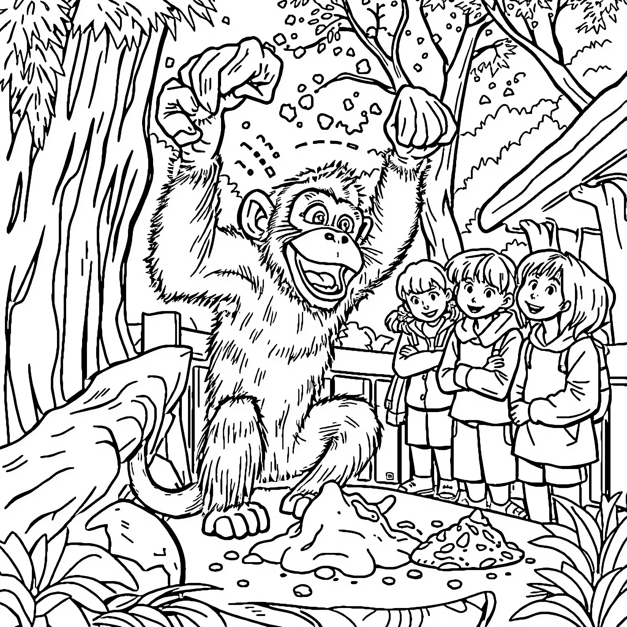 Monkey playing with children in the forest Coloring Page (free black-and-white line drawing printable PDF for all, from beginners to advanced learners, including children, teens, adults, and seniors)