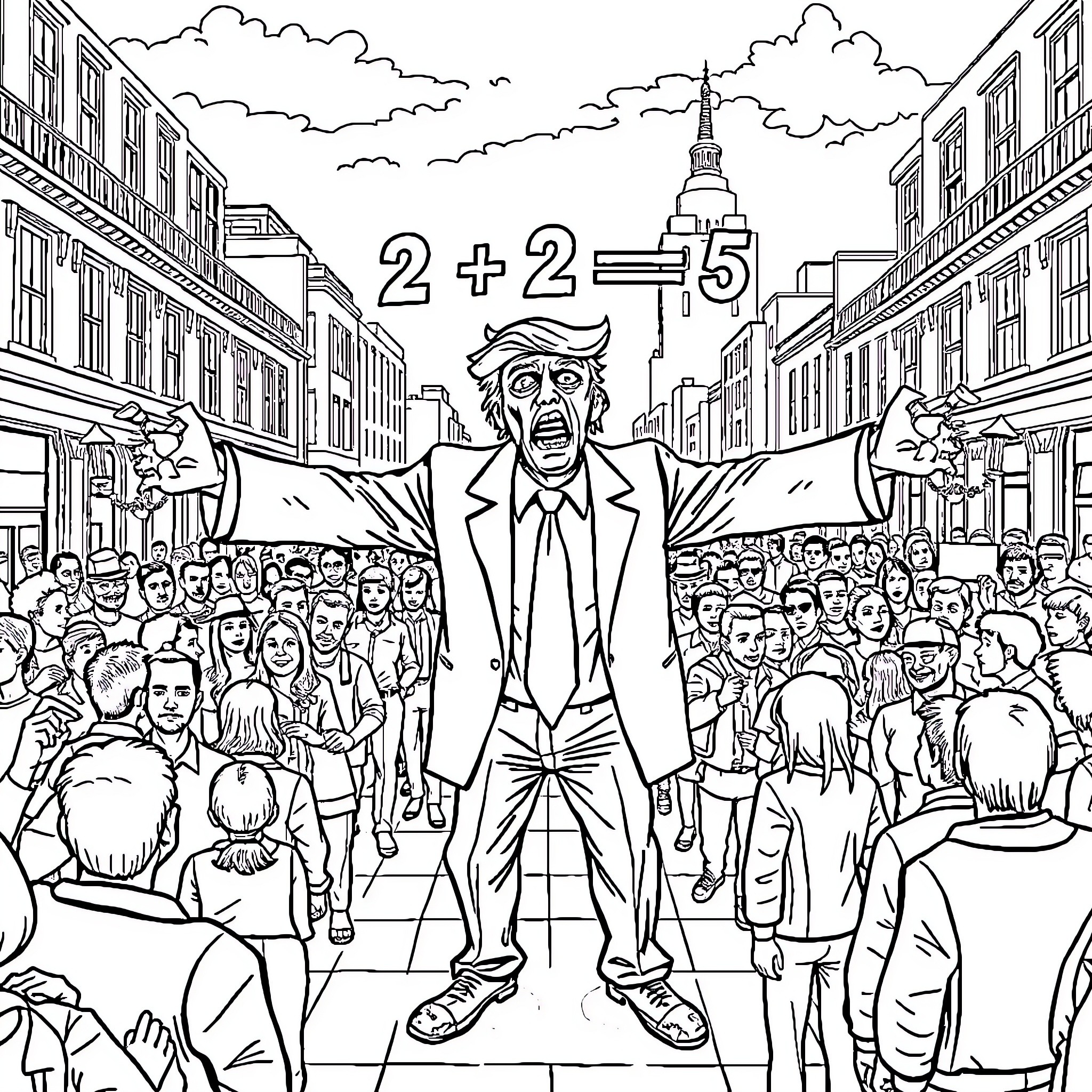 Zombie Businessman Leading Chaotic Urban Crowd Coloring Page (free black-and-white line drawing printable PDF for all, from beginners to advanced learners, including children, teens, adults, and seniors)
