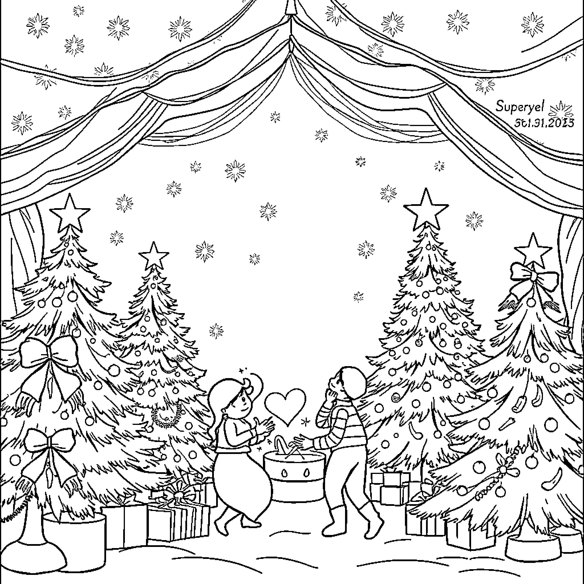 Christmas Celebration with Cheerful Figures and Decorated Trees Coloring Page (free black-and-white line drawing printable PDF for all, from beginners to advanced learners, including children, teens, adults, and seniors)