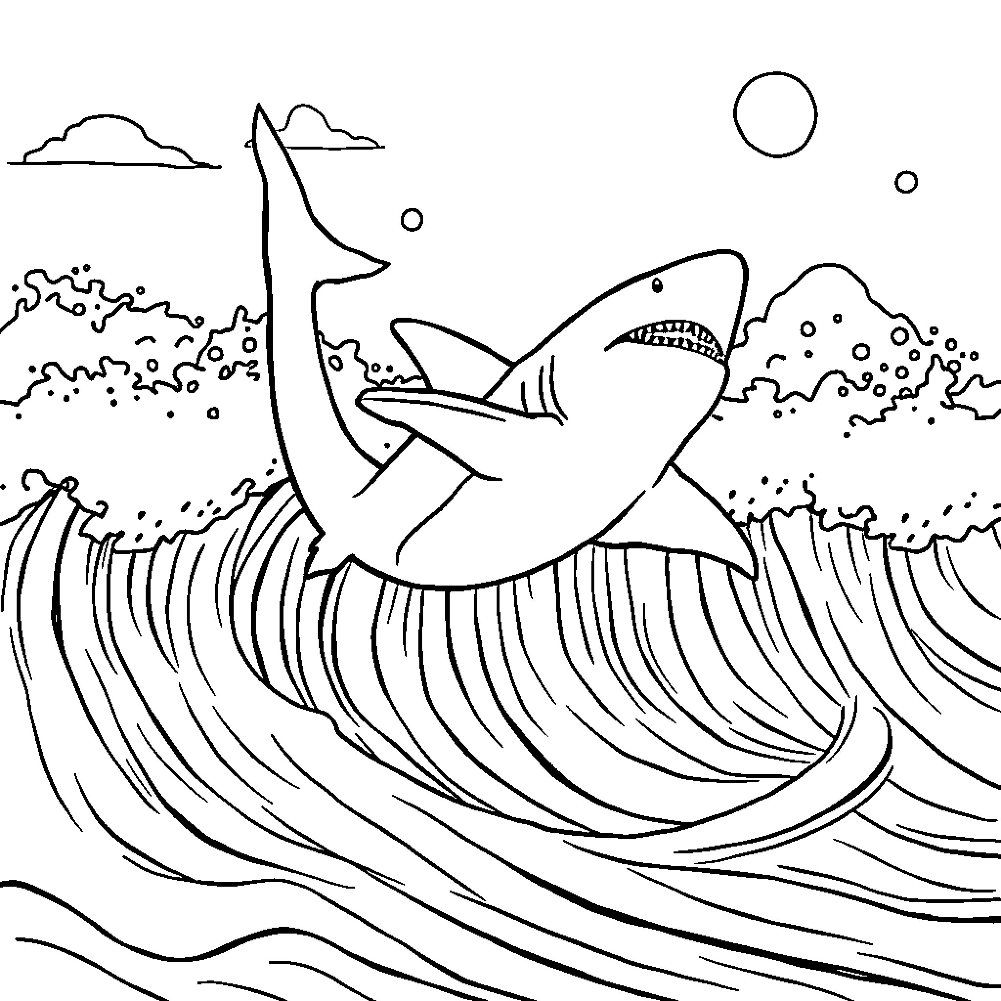 Shark swimming in the waves Coloring Page (free black-and-white line drawing printable PDF for all, from beginners to advanced learners, including children, teens, adults, and seniors)