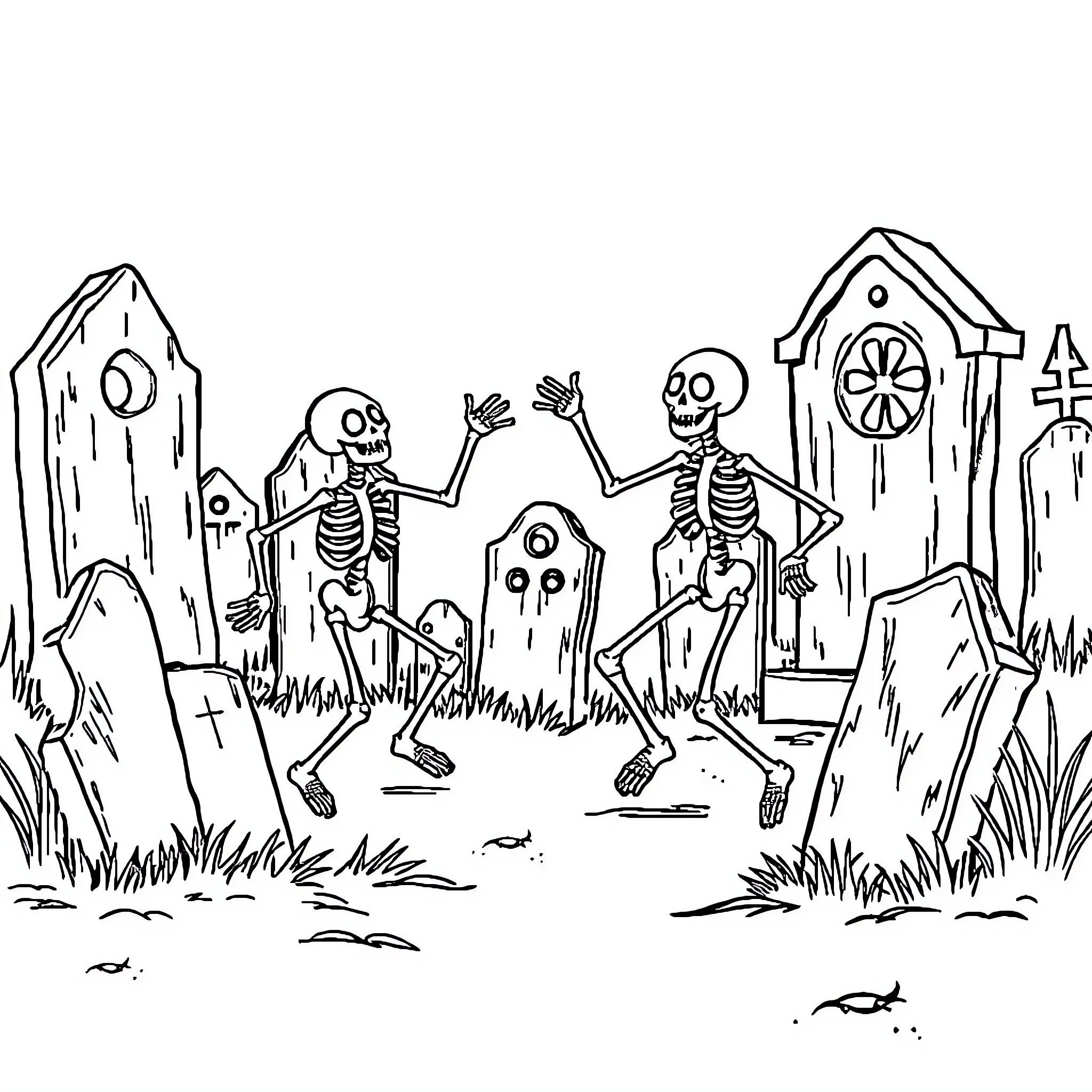 Skeleton friends dancing in a spooky graveyard Coloring Page (free black-and-white line drawing printable PDF for all, from beginners to advanced learners, including children, teens, adults, and seniors)