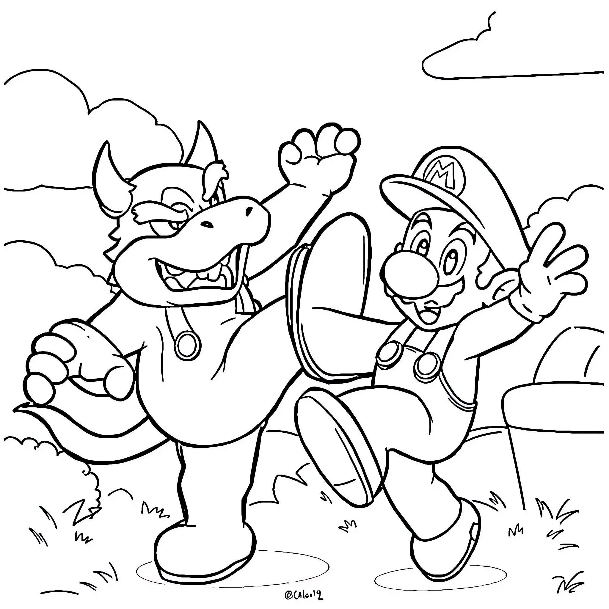 Dogman and Mario Waving Energetically Coloring Page (free black-and-white line drawing printable PDF for all, from beginners to advanced learners, including children, teens, adults, and seniors)
