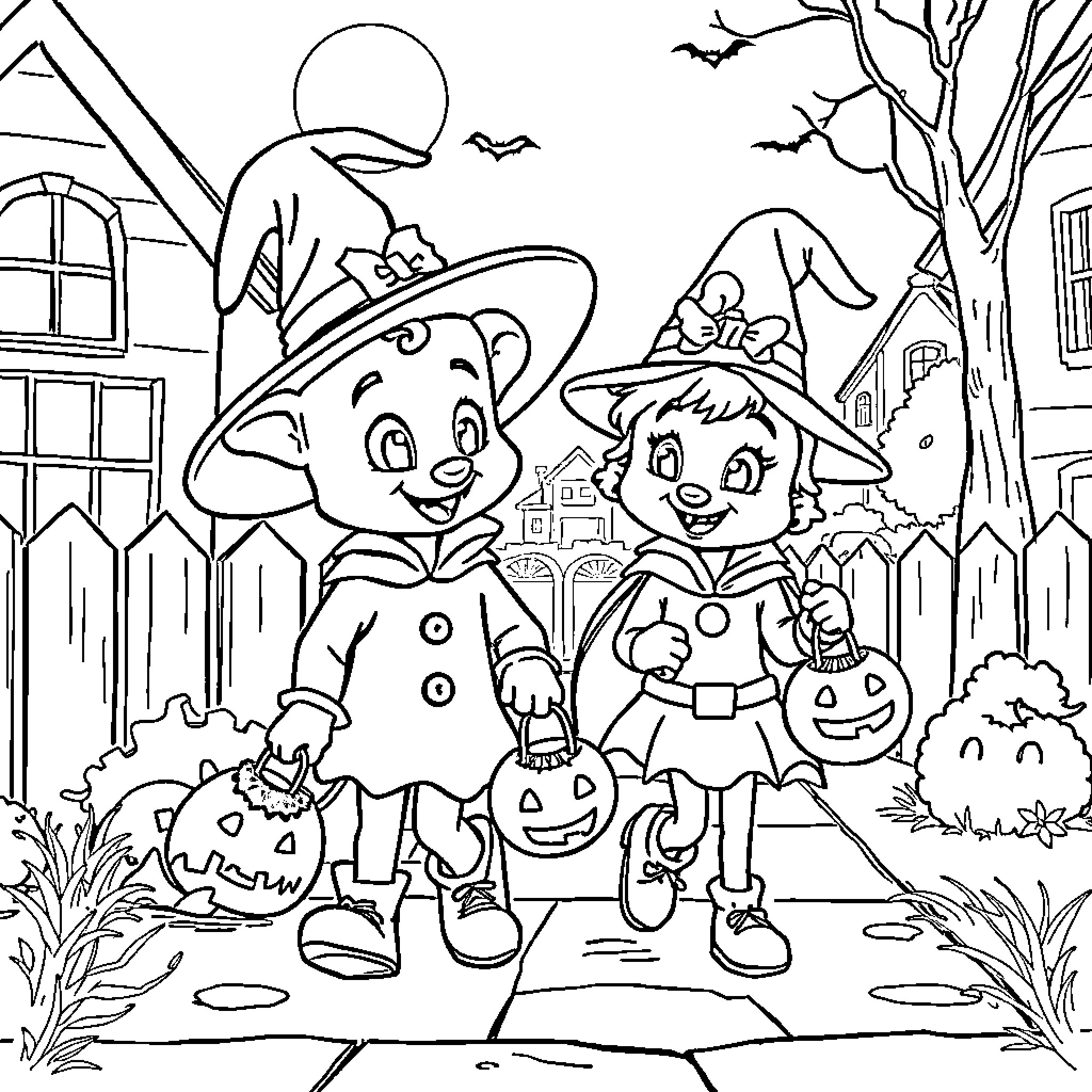 Bluey characters go trick-or-treating on Halloween night Coloring Page (free black-and-white line drawing printable PDF for all, from beginners to advanced learners, including children, teens, adults, and seniors)