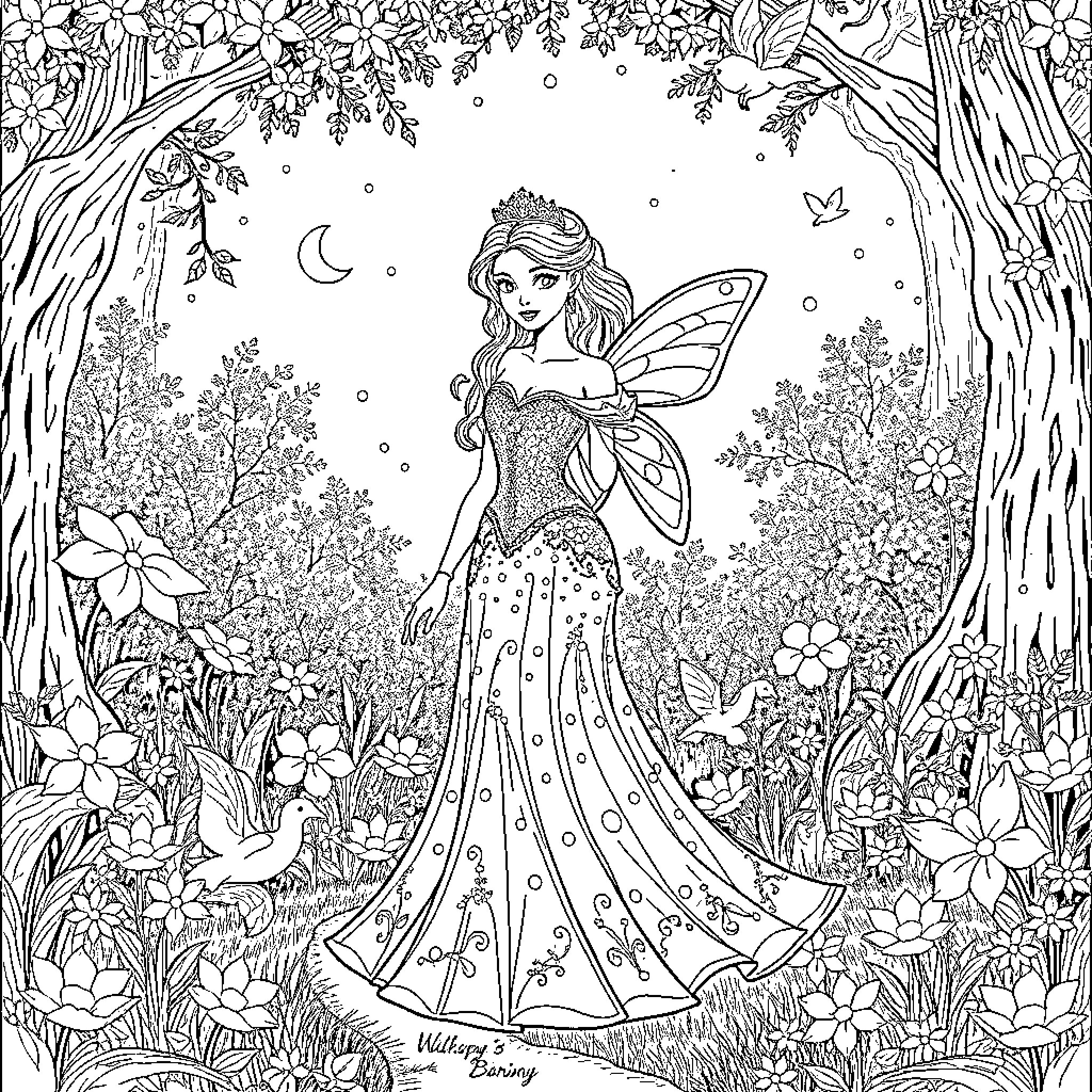 Princess in a Magical Forest Coloring Page (free black-and-white line drawing printable PDF for all, from beginners to advanced learners, including children, teens, adults, and seniors)
