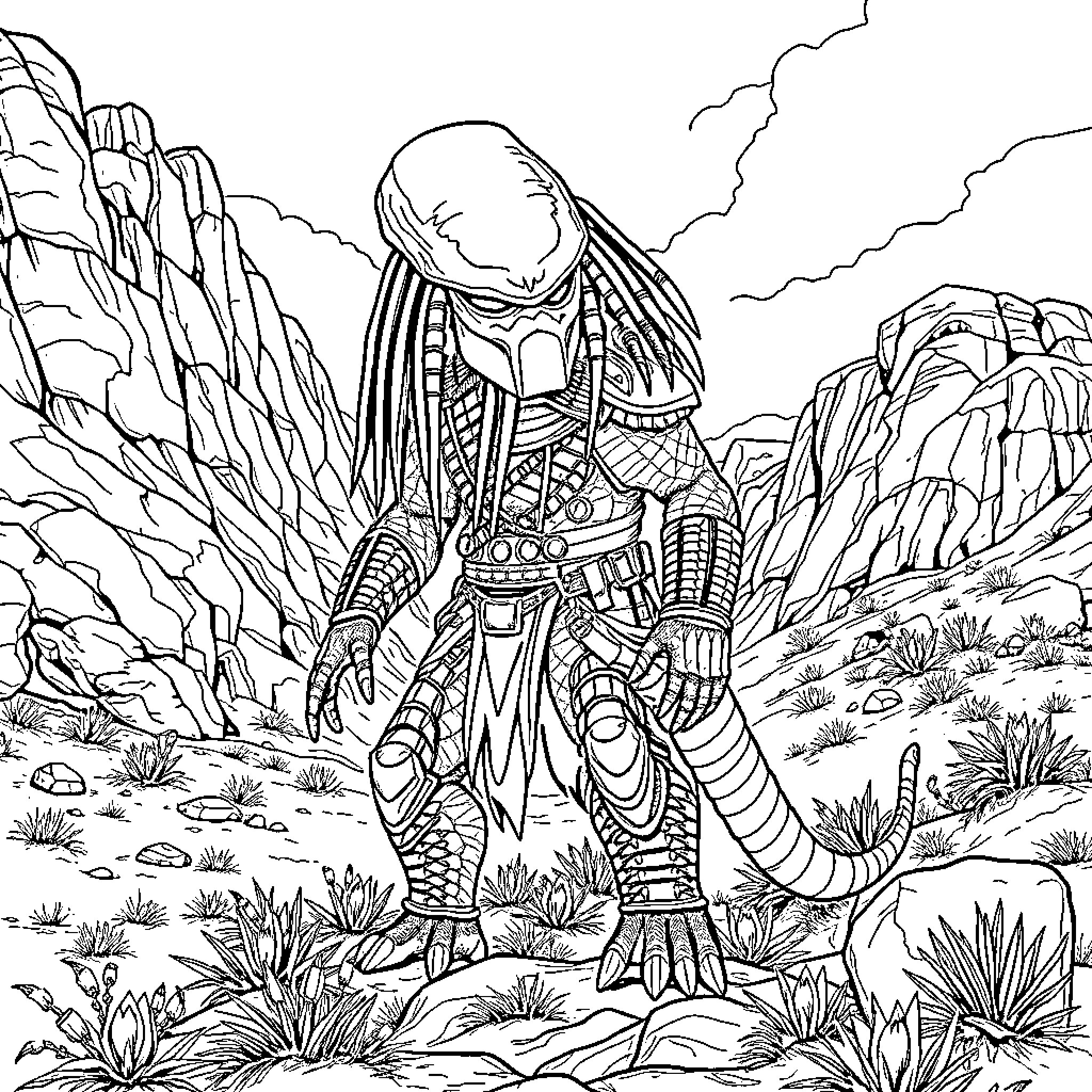 Predator stalking through the rugged terrain Coloring Page (free black-and-white line drawing printable PDF for all, from beginners to advanced learners, including children, teens, adults, and seniors)