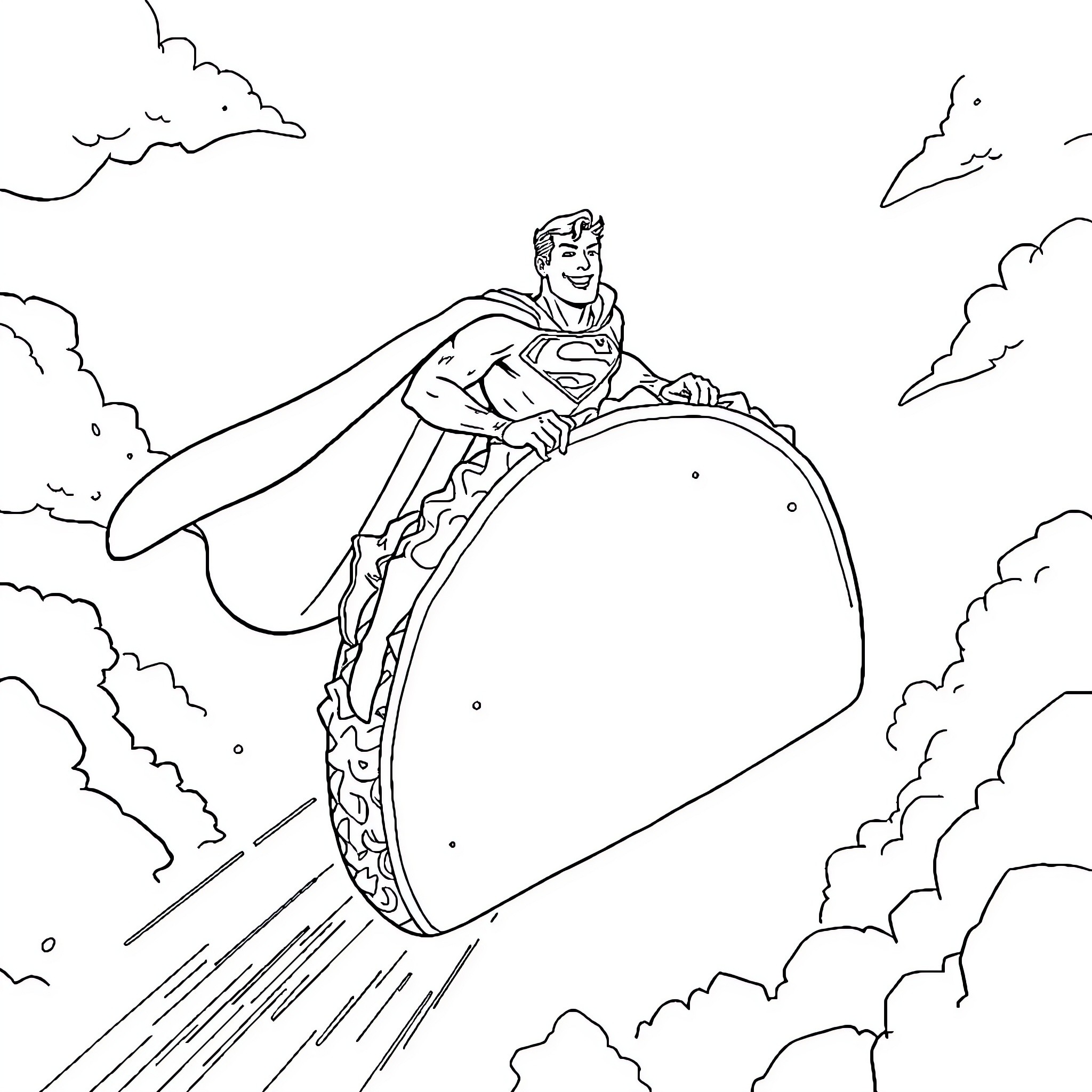 Superman soaring through the sky with power and speed Coloring Page (free black-and-white line drawing printable PDF for all, from beginners to advanced learners, including children, teens, adults, and seniors)