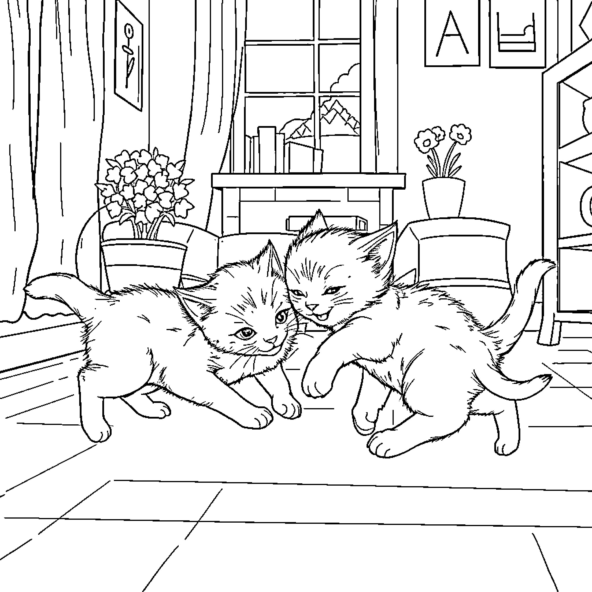 Kittens Playing Mischievously in Living Room Coloring Page (free black-and-white line drawing printable PDF for all, from beginners to advanced learners, including children, teens, adults, and seniors)