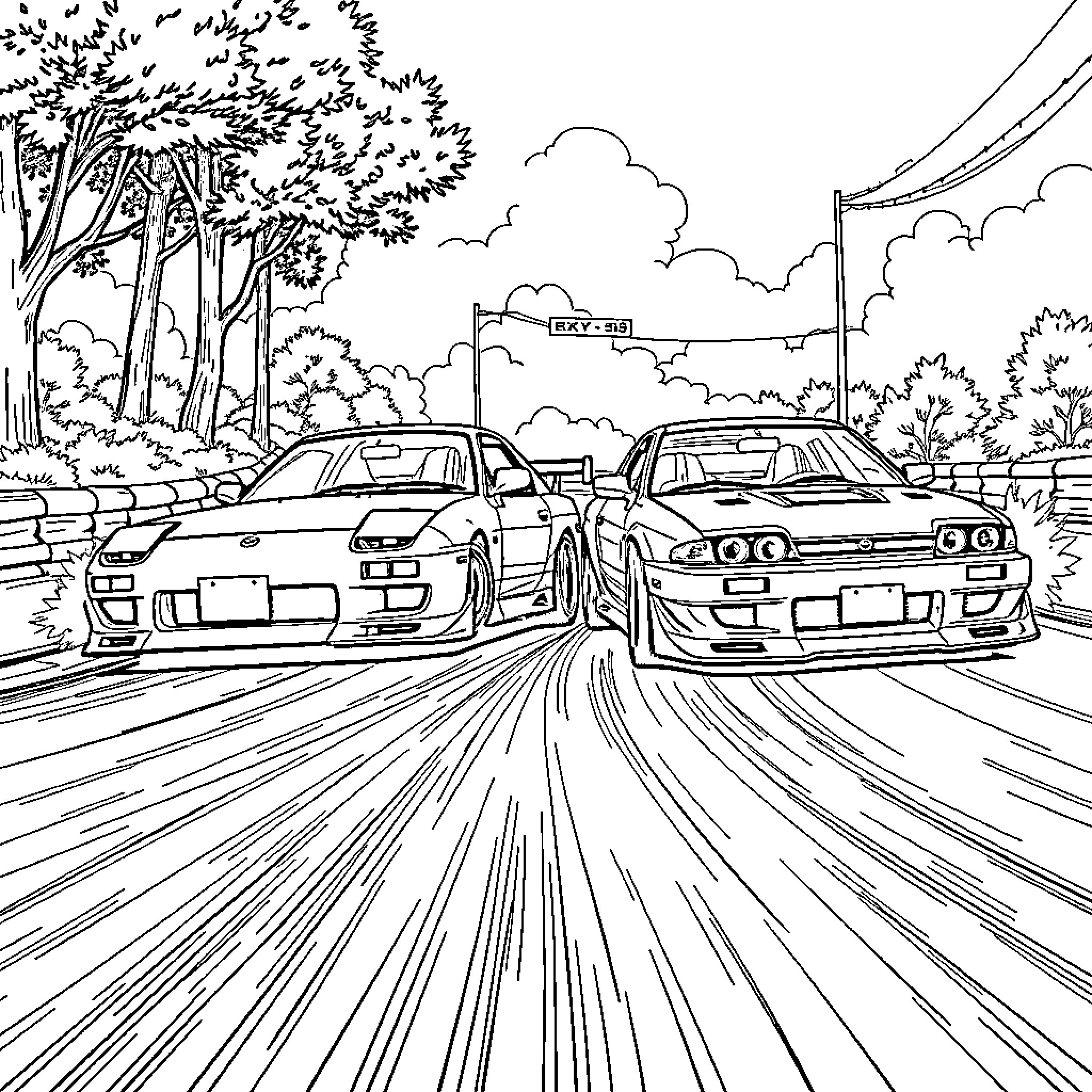 Cars racing on a winding road through the forest Coloring Page (free black-and-white line drawing printable PDF for all, from beginners to advanced learners, including children, teens, adults, and seniors)