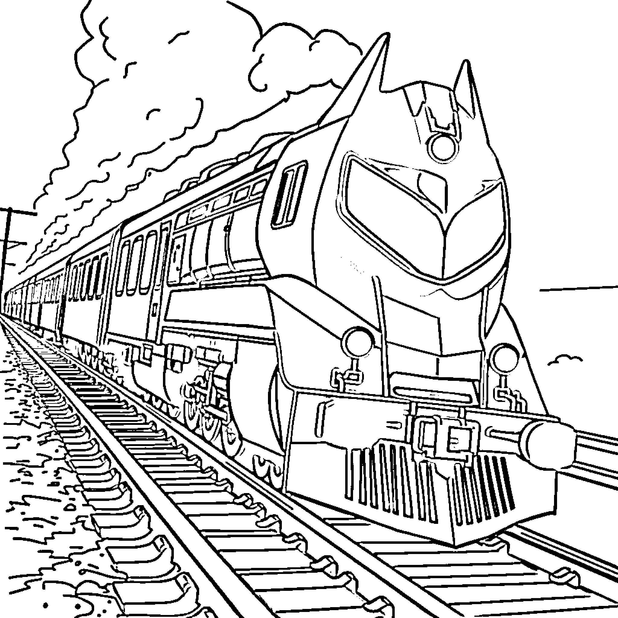 Batman Train speeding through the tracks Coloring Page (free black-and-white line drawing printable PDF for all, from beginners to advanced learners, including children, teens, adults, and seniors)