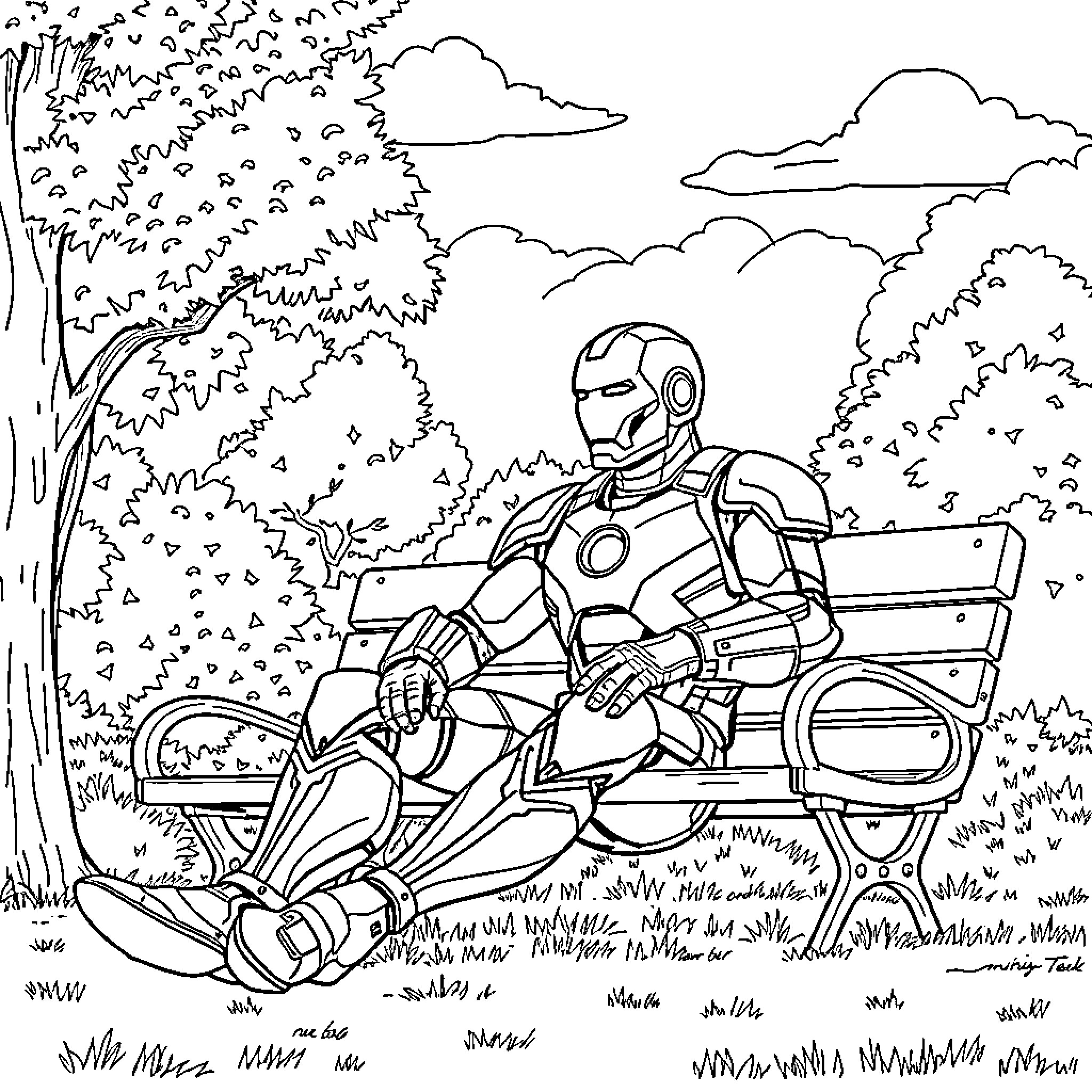 Iron Man relaxing on a park bench Coloring Page (free black-and-white line drawing printable PDF for all, from beginners to advanced learners, including children, teens, adults, and seniors)