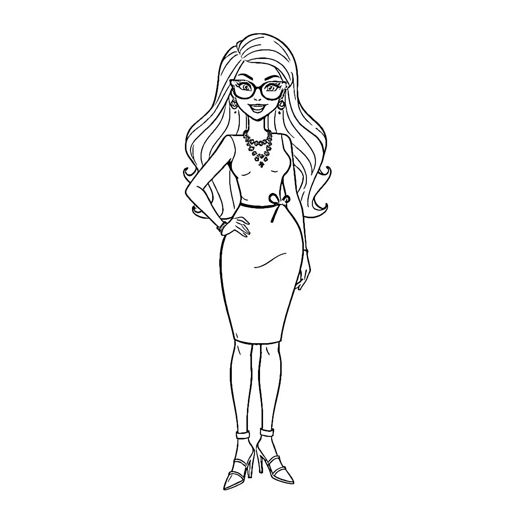 Barbi's Stylish and Confident Appearance Coloring Page (free black-and-white line drawing printable PDF for all, from beginners to advanced learners, including children, teens, adults, and seniors)