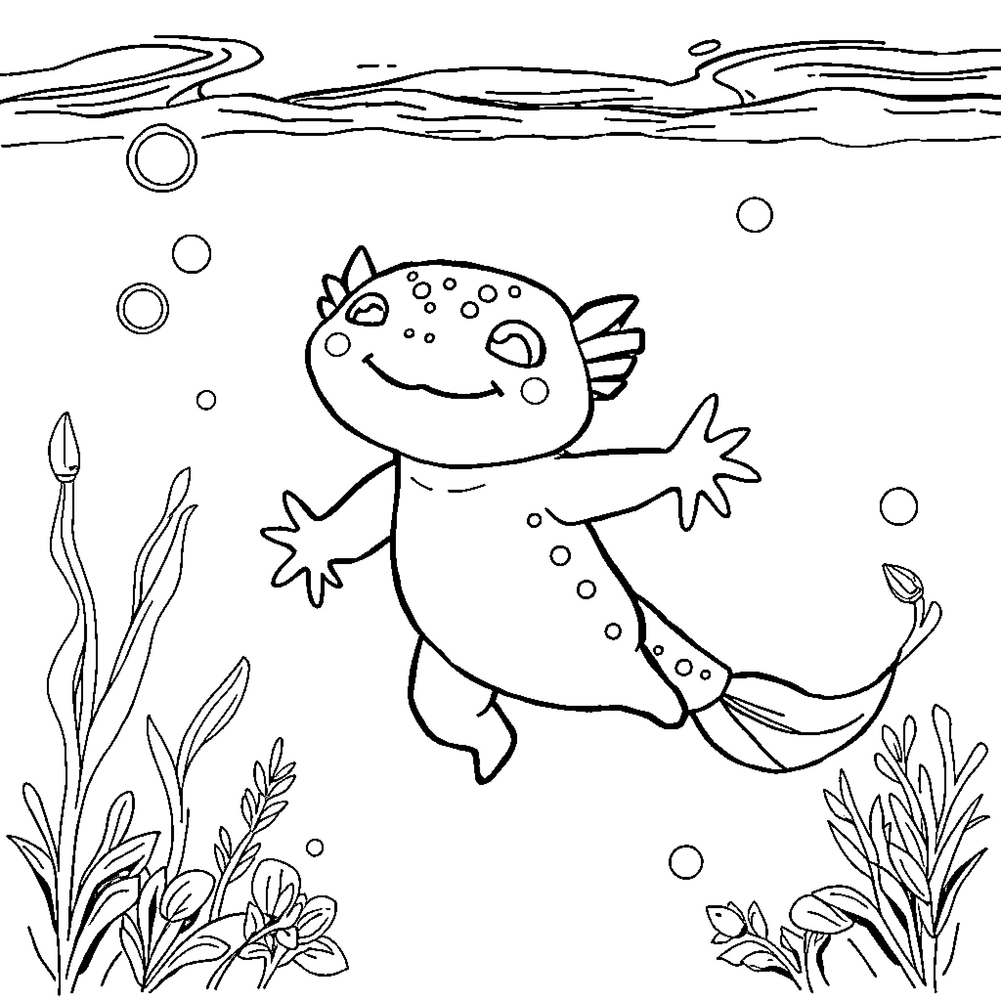 Ajolote swimming happily in the underwater scene Coloring Page (free black-and-white line drawing printable PDF for all, from beginners to advanced learners, including children, teens, adults, and seniors)