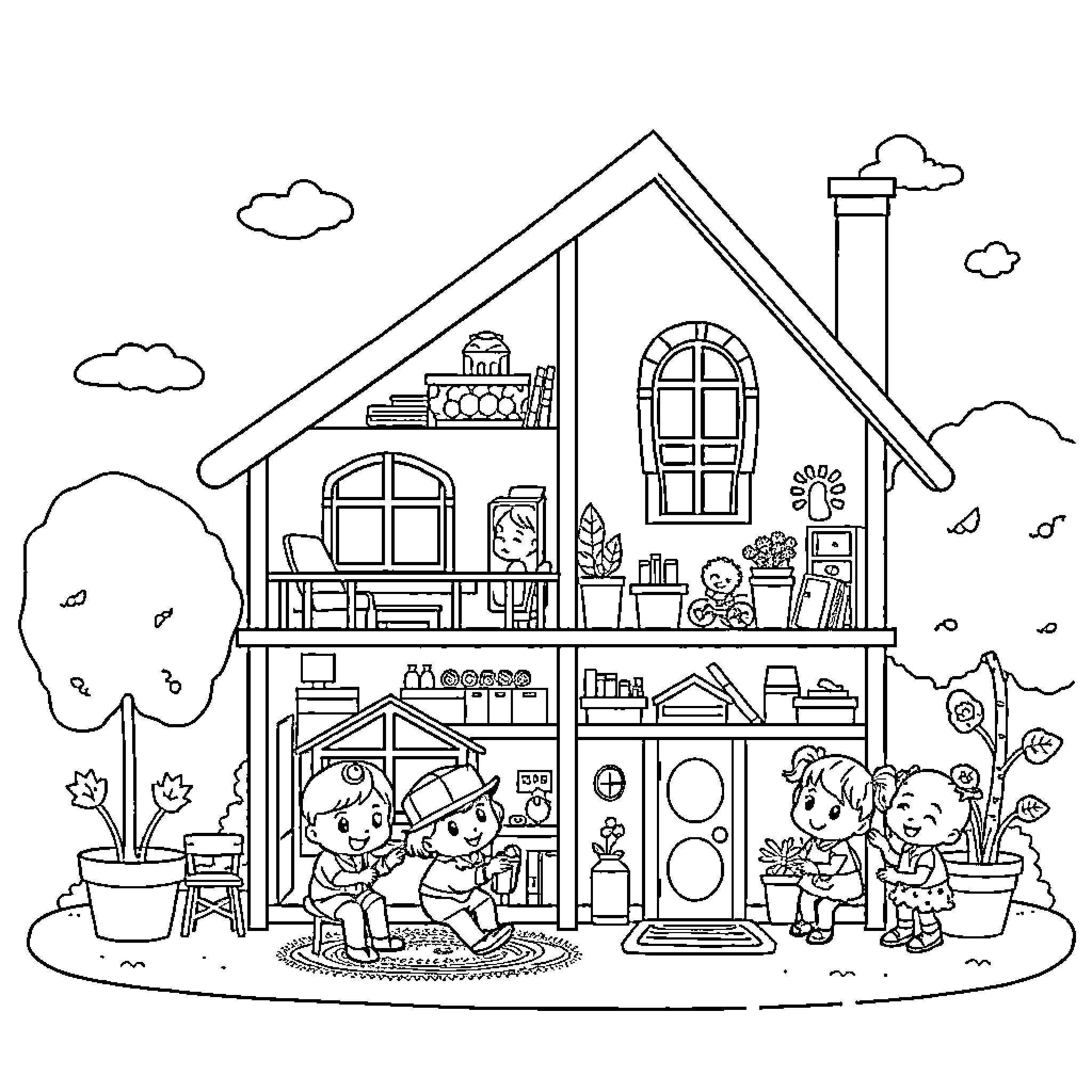 Dollhouse with Children Playing in the Yard Coloring Page (free black-and-white line drawing printable PDF for all, from beginners to advanced learners, including children, teens, adults, and seniors)