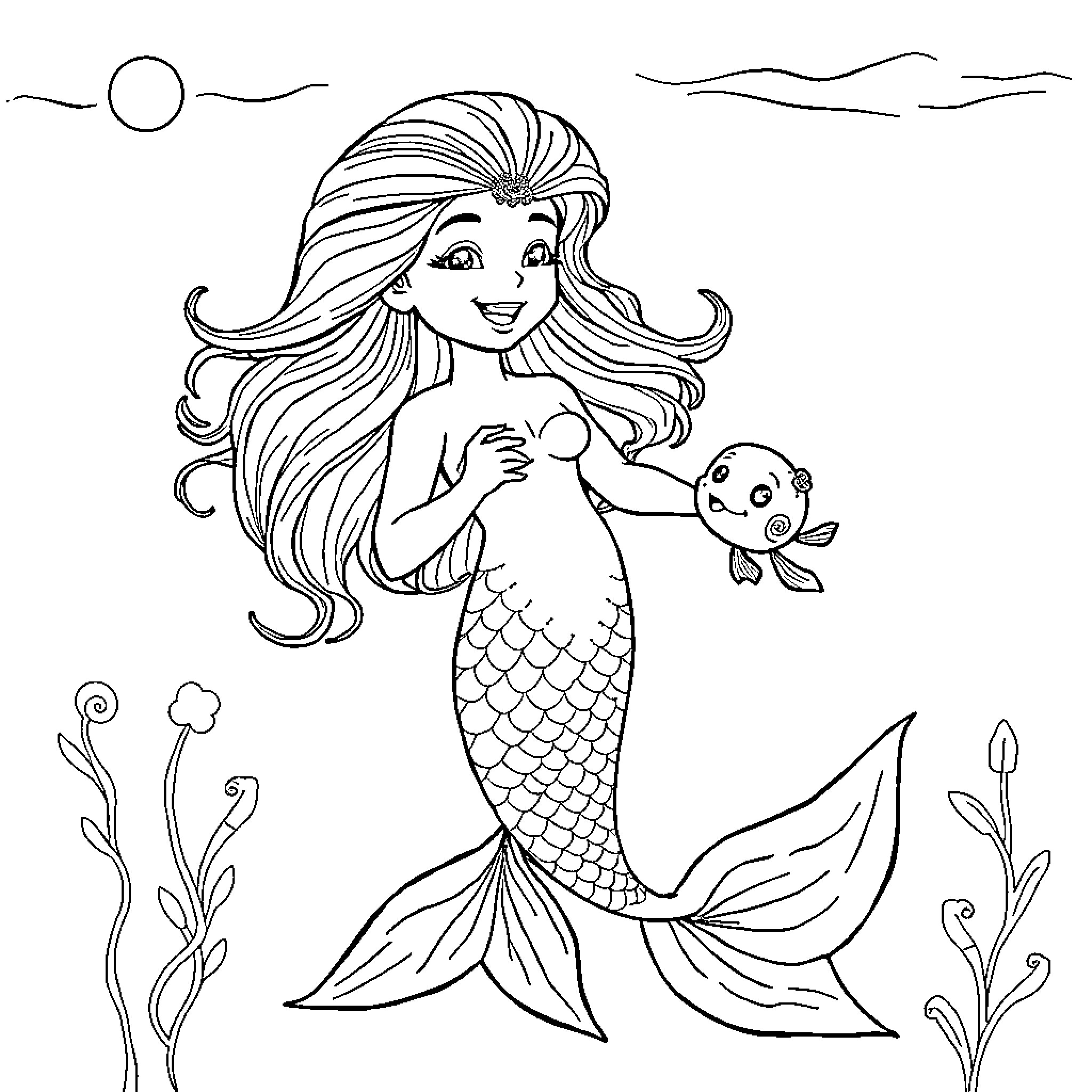 Sirena the Mermaid Frolicking with Playful Sea Creatures Coloring Page (free black-and-white line drawing printable PDF for all, from beginners to advanced learners, including children, teens, adults, and seniors)