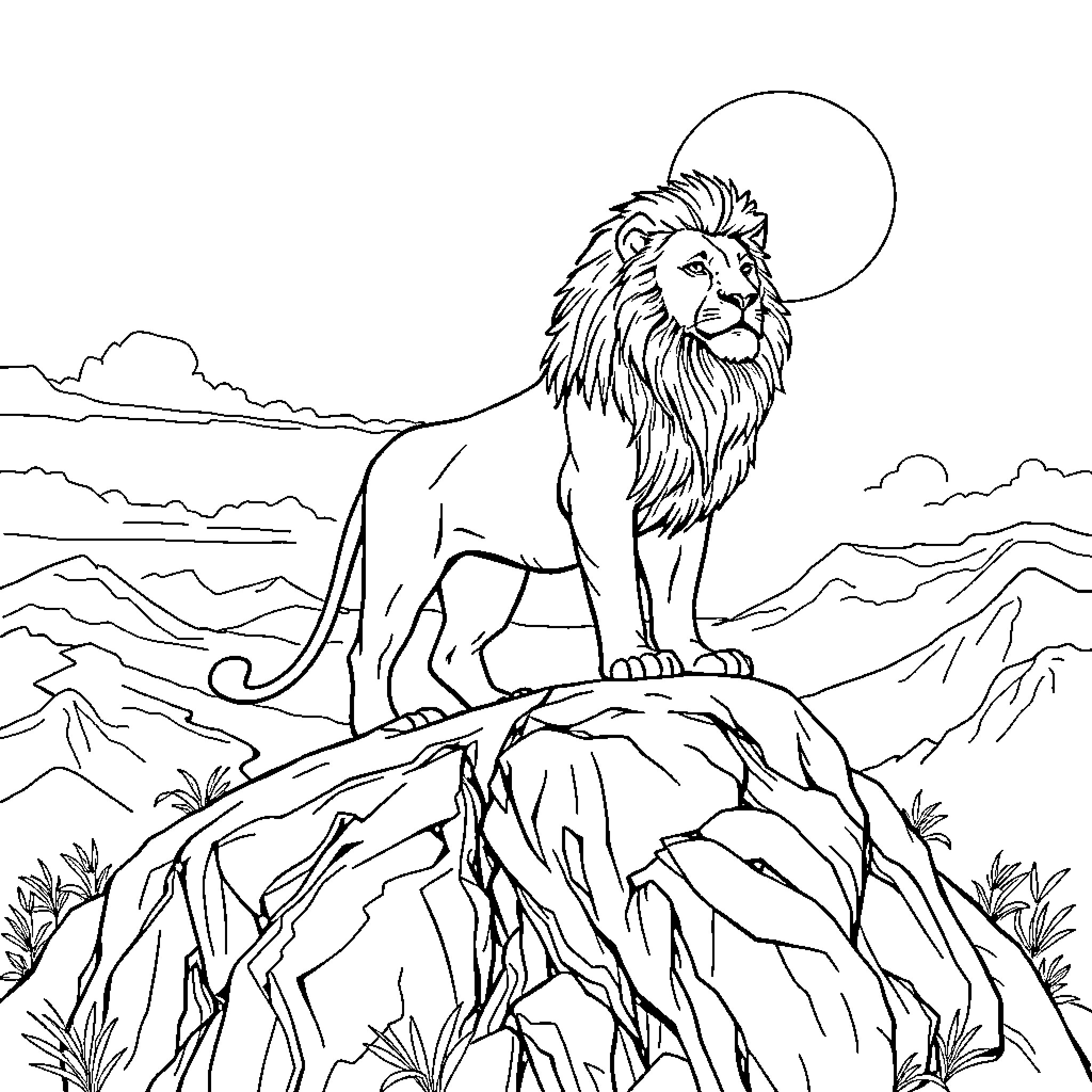Lion standing majestically on a rocky mountain Coloring Page (free black-and-white line drawing printable PDF for all, from beginners to advanced learners, including children, teens, adults, and seniors)