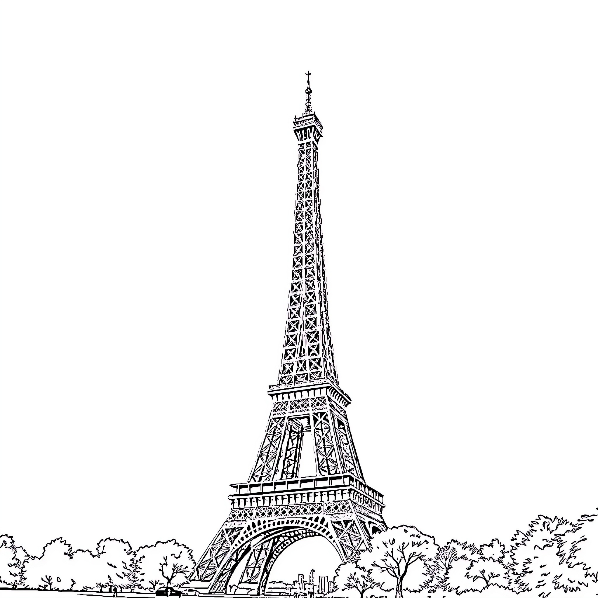 Eiffel Tower in black and white landscape Coloring Page (free black-and-white line drawing printable PDF for all, from beginners to advanced learners, including children, teens, adults, and seniors)