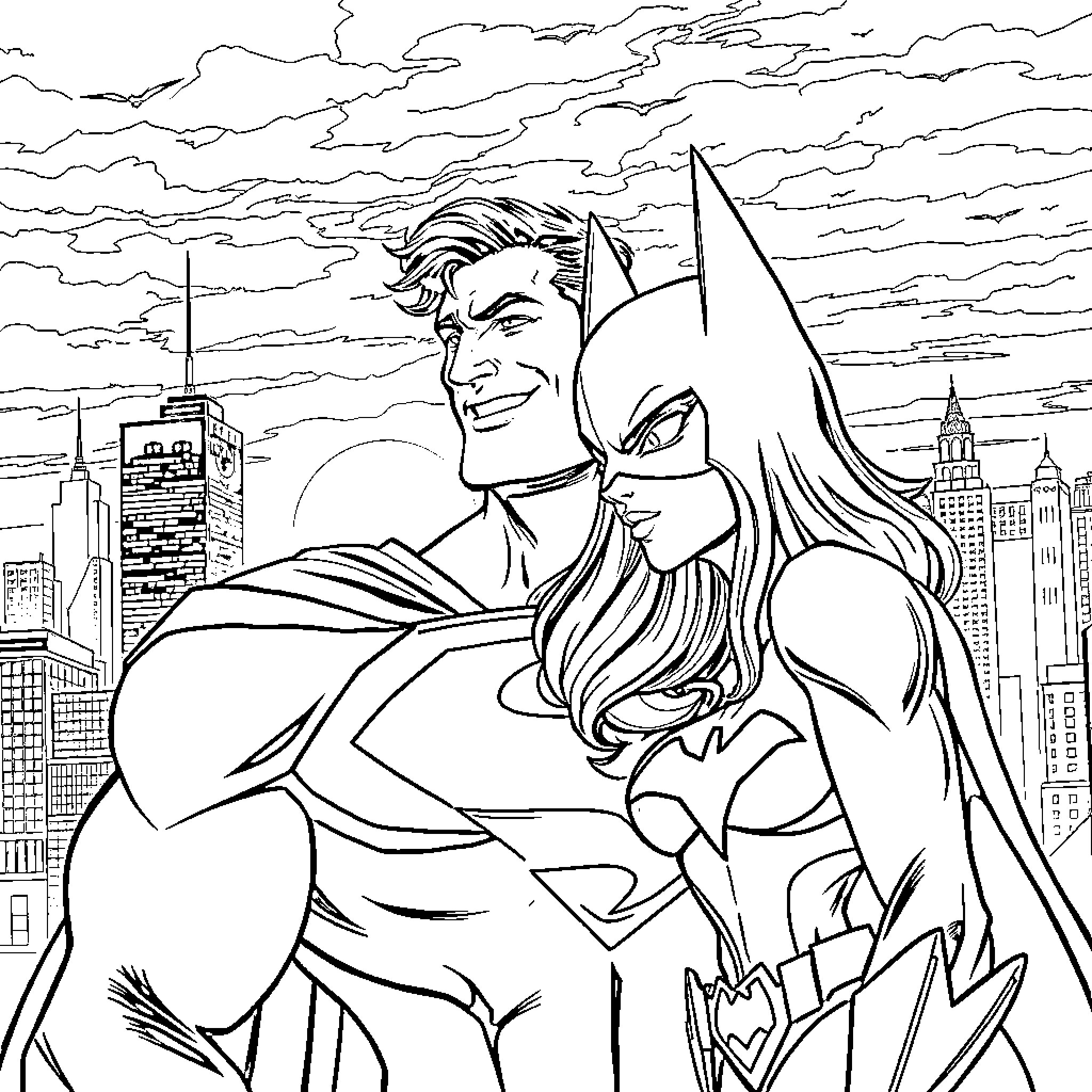 Superman and Batman in heroic poses over the city Coloring Page (free black-and-white line drawing printable PDF for all, from beginners to advanced learners, including children, teens, adults, and seniors)
