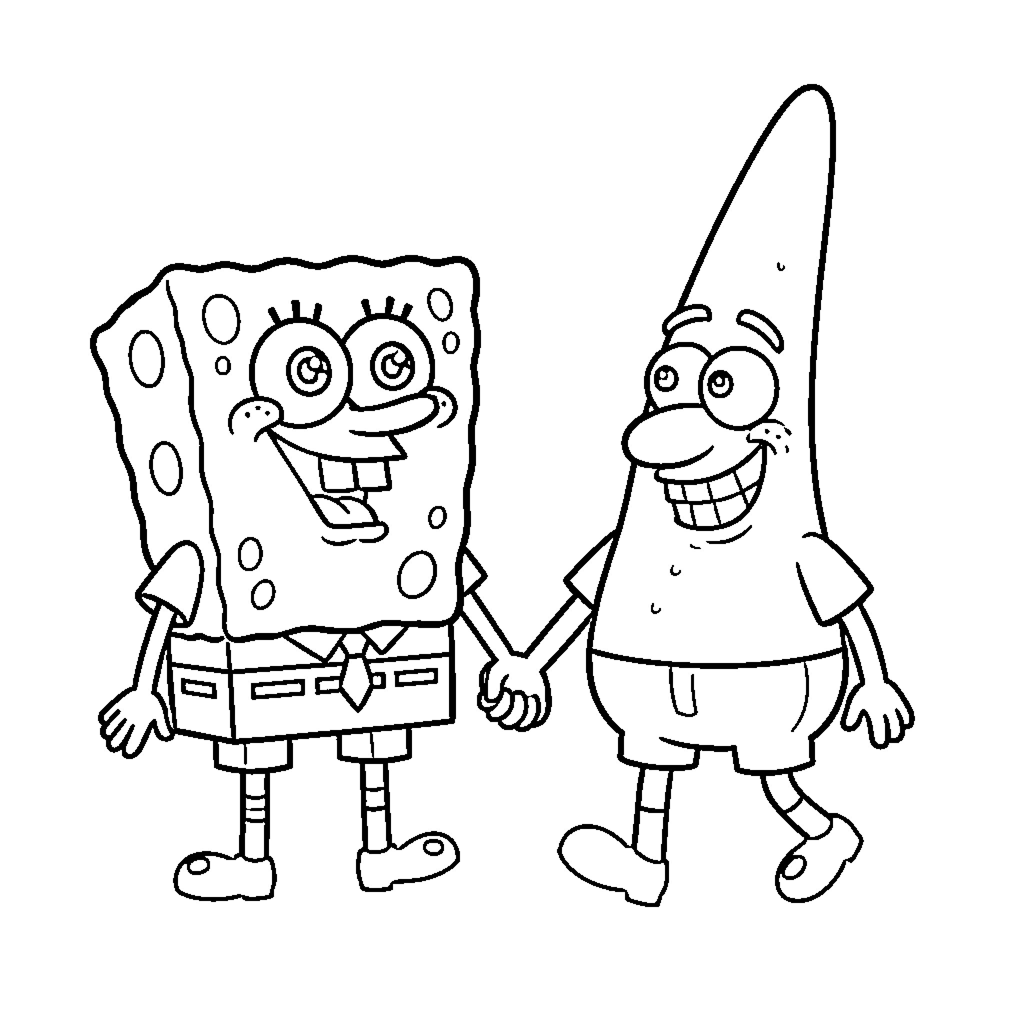 Spongebob and Patrick holding hands and smiling Coloring Page (free black-and-white line drawing printable PDF for all, from beginners to advanced learners, including children, teens, adults, and seniors)