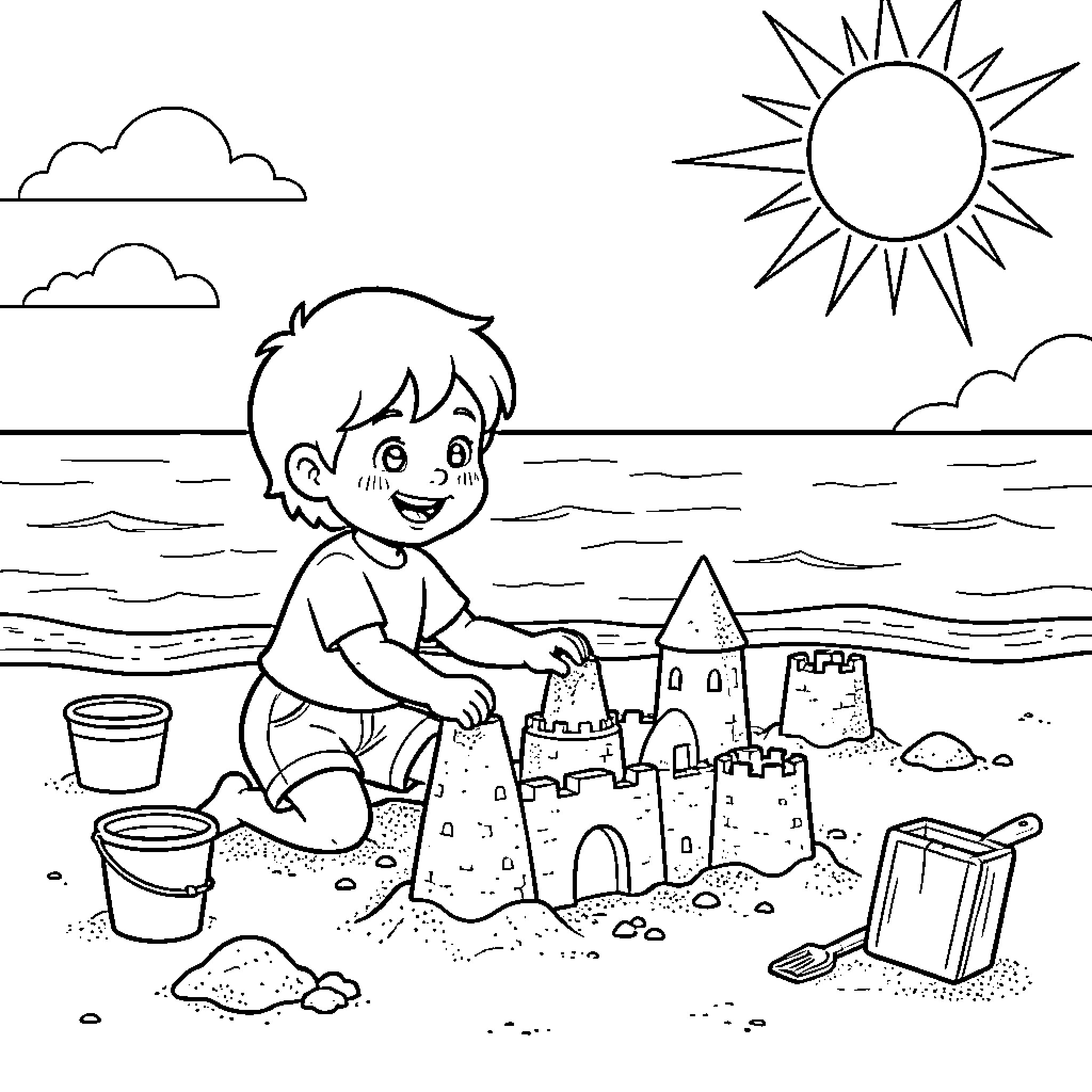 Child building a sandcastle on the beach Coloring Page (free black-and-white line drawing printable PDF for all, from beginners to advanced learners, including children, teens, adults, and seniors)