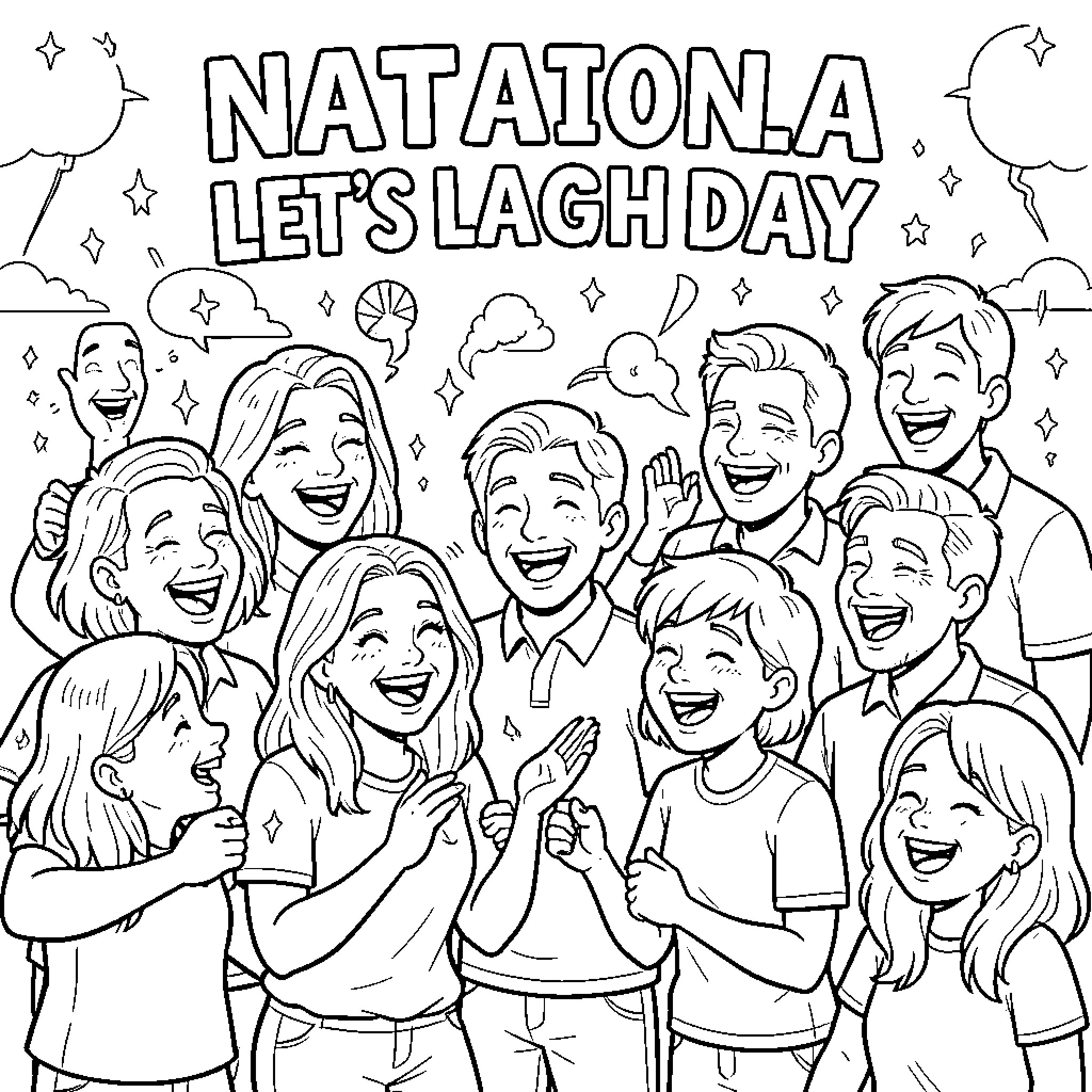 Laughter and Celebration at Natatona Let's Laugh Day Coloring Page (free black-and-white line drawing printable PDF for all, from beginners to advanced learners, including children, teens, adults, and seniors)