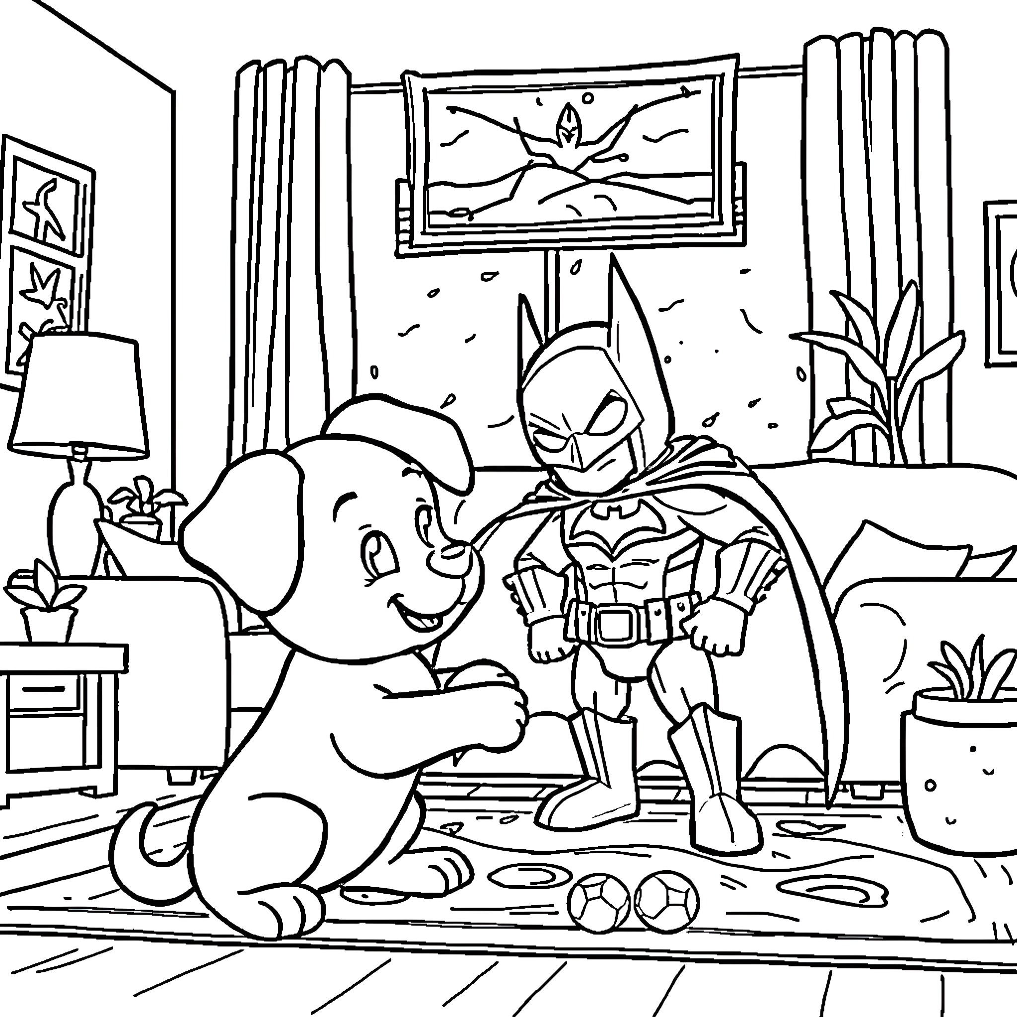 Bluey playing with superhero friend in cozy living room Coloring Page (free black-and-white line drawing printable PDF for all, from beginners to advanced learners, including children, teens, adults, and seniors)