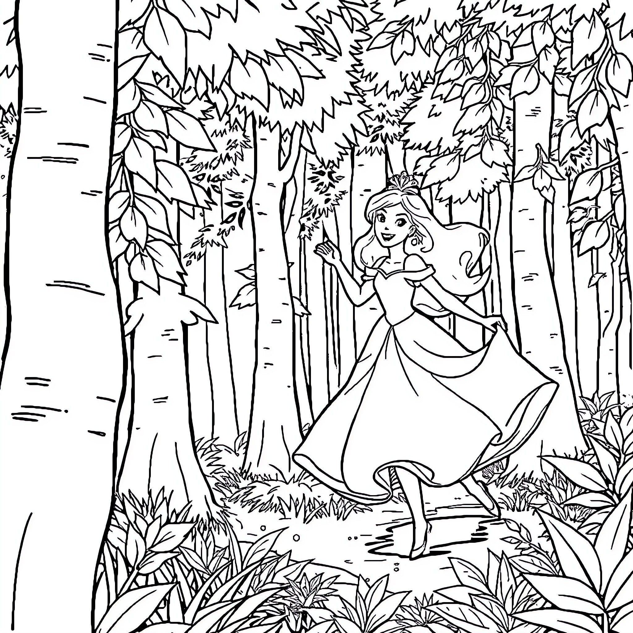 Princess exploring the enchanted forest Coloring Page (free black-and-white line drawing printable PDF for all, from beginners to advanced learners, including children, teens, adults, and seniors)