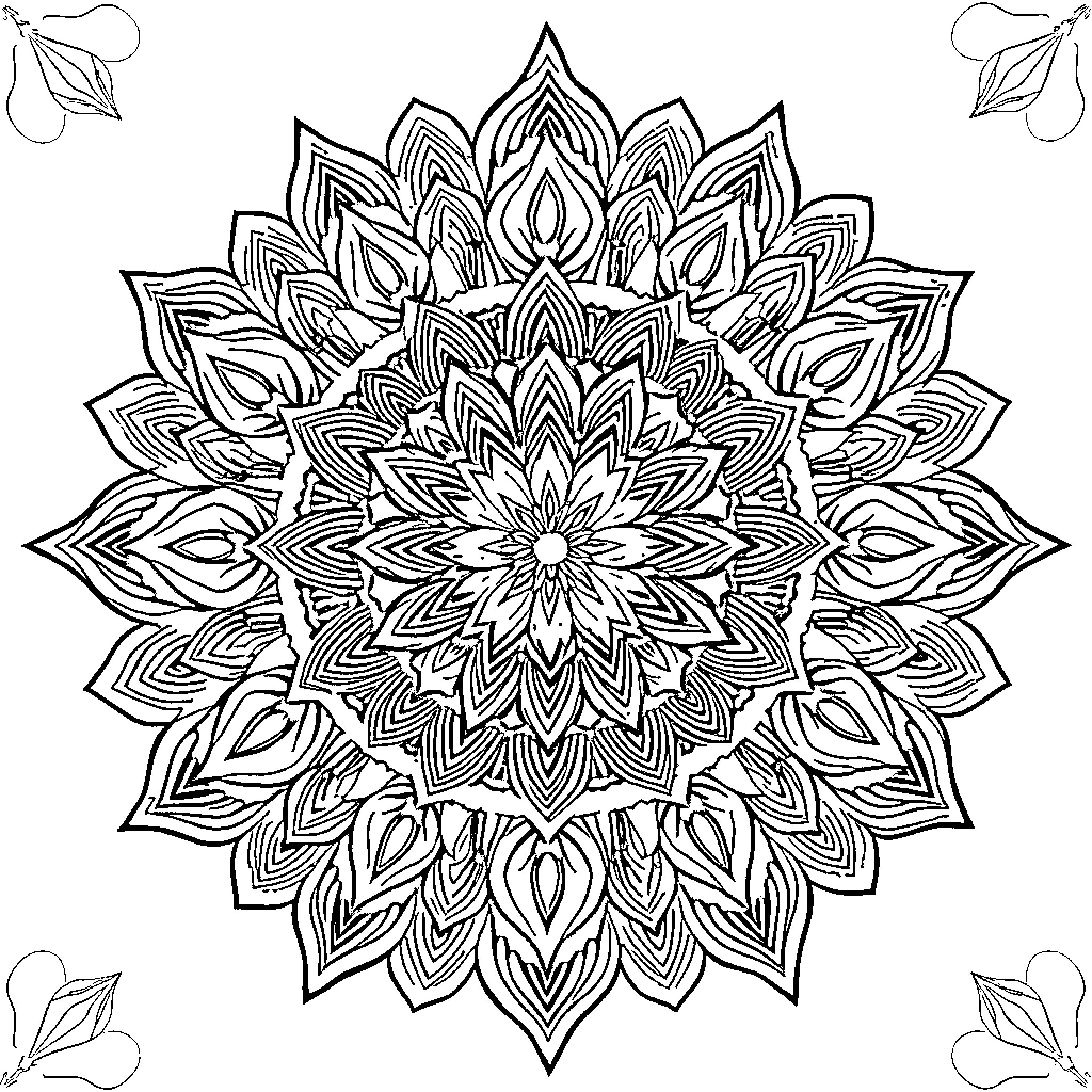 Mandala of intricate floral patterns Coloring Page (free black-and-white line drawing printable PDF for all, from beginners to advanced learners, including children, teens, adults, and seniors)