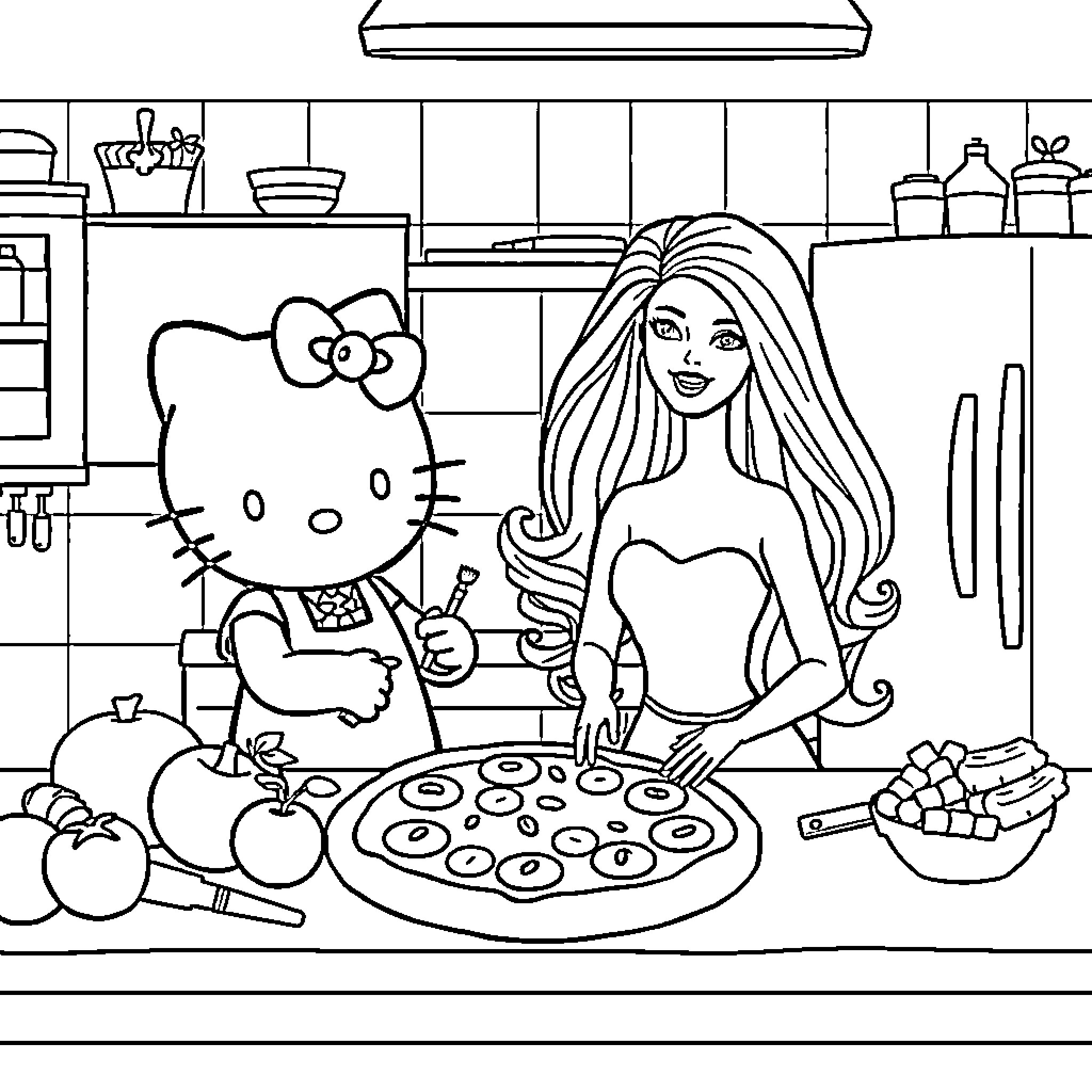 Hello Kitty Baking Delicious Treats with Barbie Coloring Page (free black-and-white line drawing printable PDF for all, from beginners to advanced learners, including children, teens, adults, and seniors)