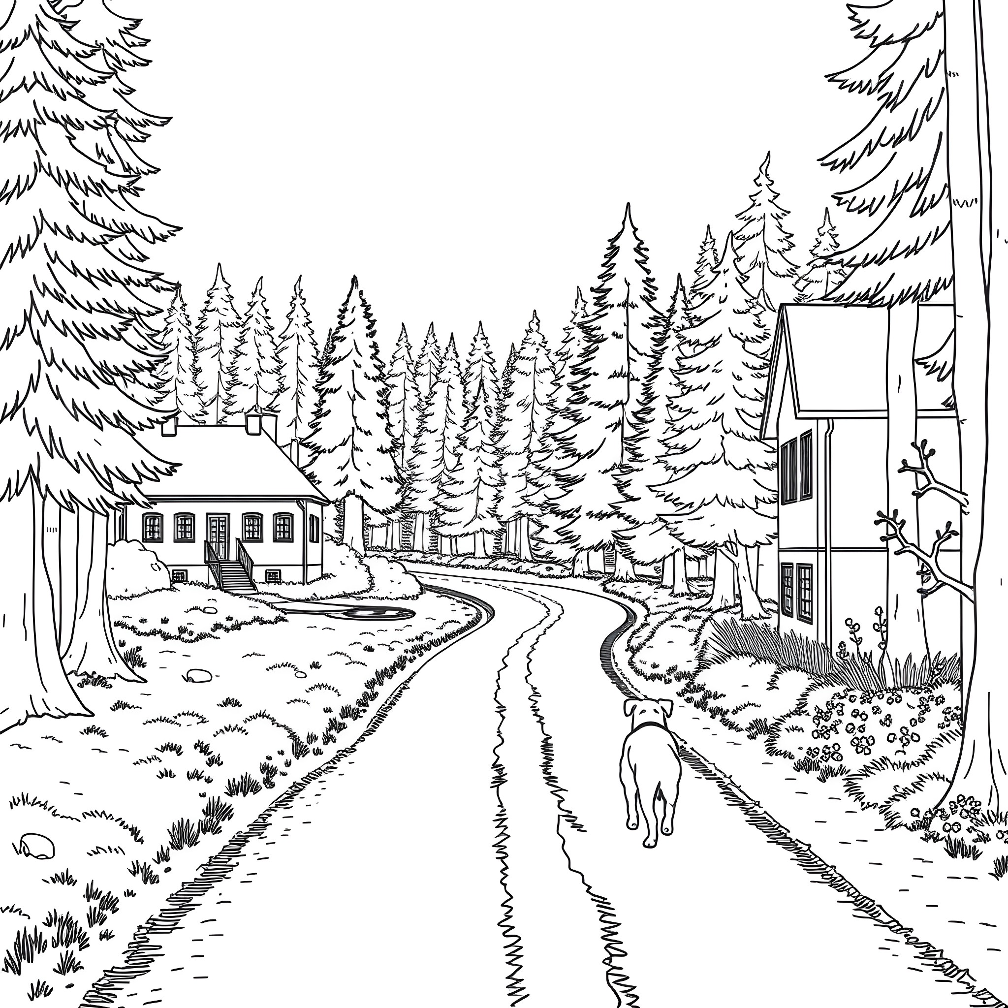 Dog walking on a snowy forest path Coloring Page (free black-and-white line drawing printable PDF for all, from beginners to advanced learners, including children, teens, adults, and seniors)