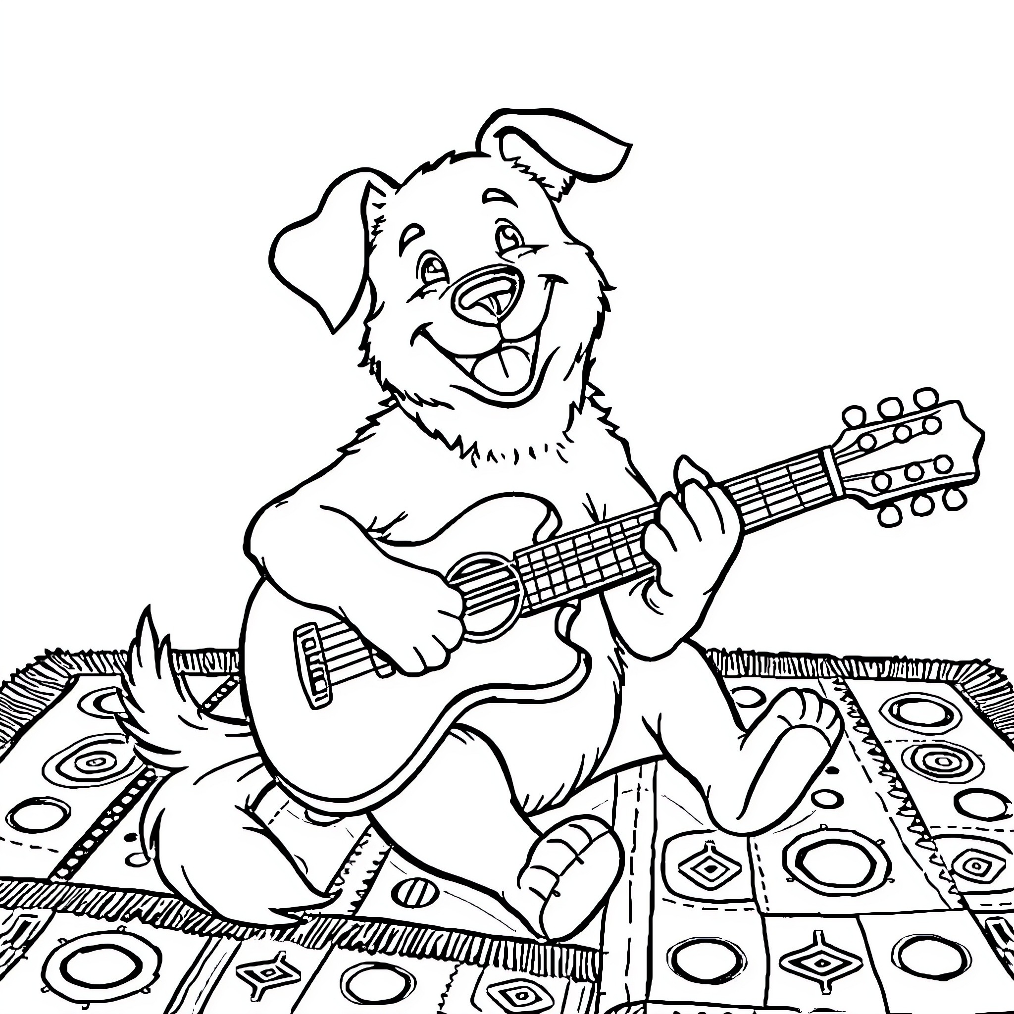 Dog playing guitar on patterned rug Coloring Page (free black-and-white line drawing printable PDF for all, from beginners to advanced learners, including children, teens, adults, and seniors)