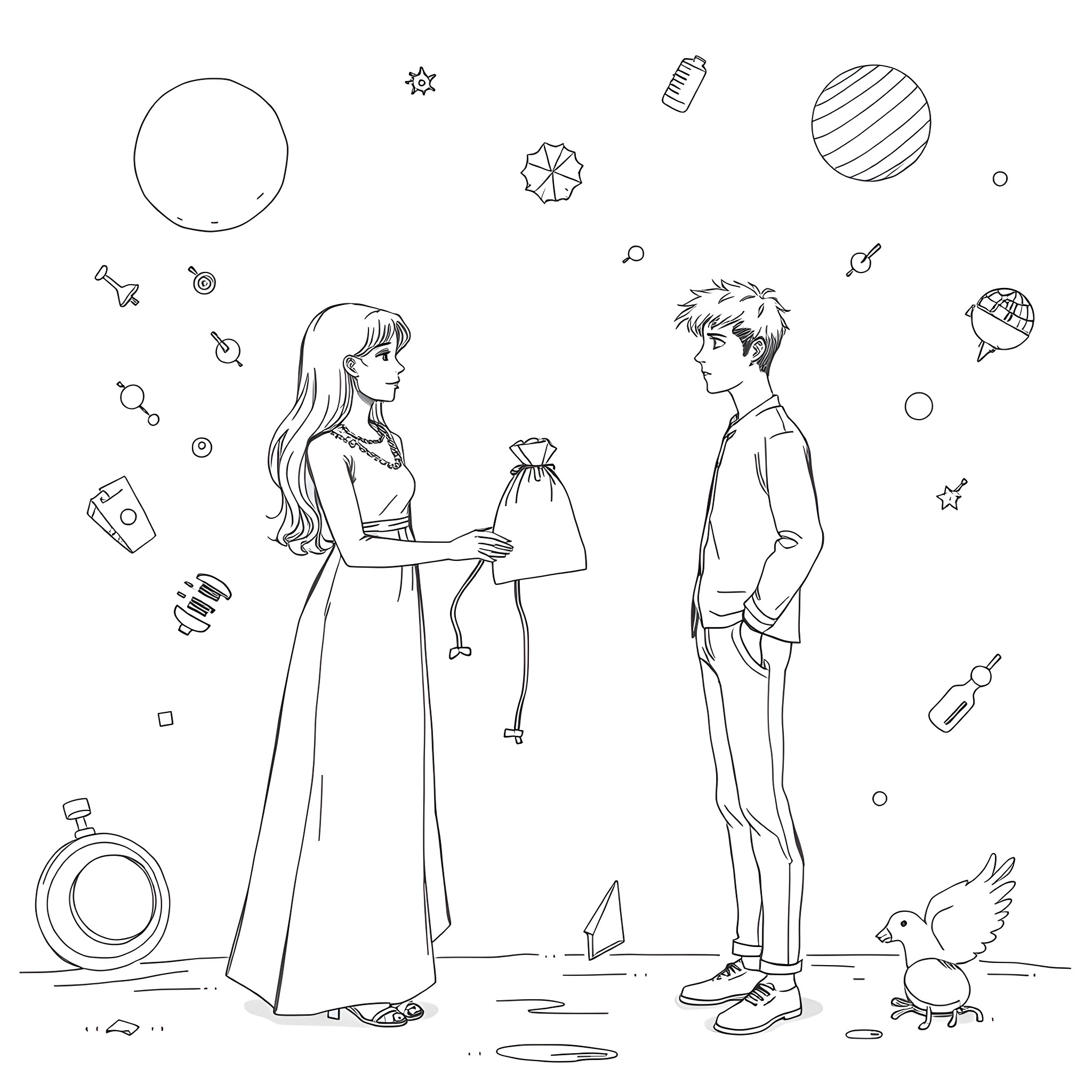 Woman exchanging gift with man in casual setting Coloring Page (free black-and-white line drawing printable PDF for all, from beginners to advanced learners, including children, teens, adults, and seniors)