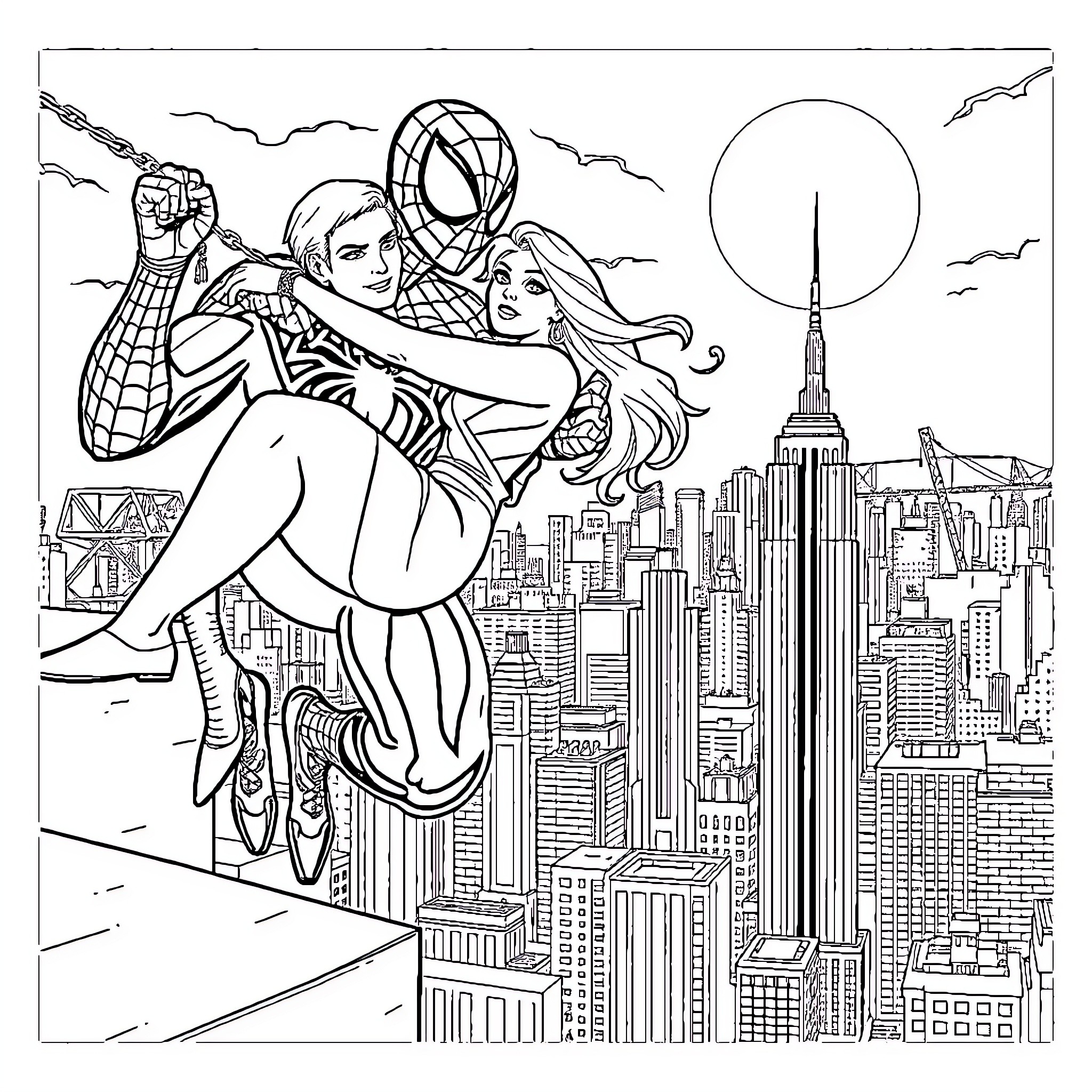 Spiderman embracing a woman on a rooftop with cityscape Coloring Page (free black-and-white line drawing printable PDF for all, from beginners to advanced learners, including children, teens, adults, and seniors)