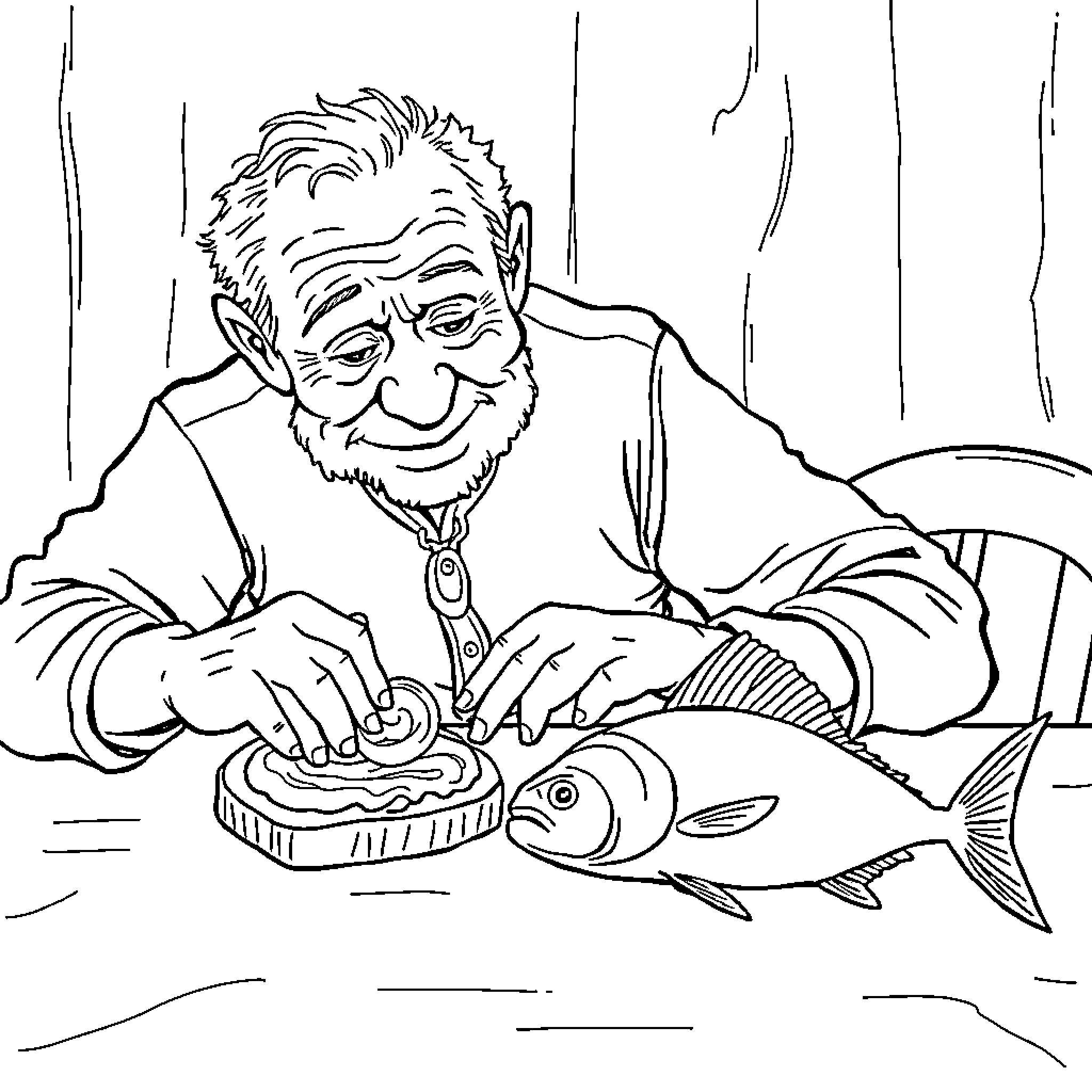 Man cooking a fish in the kitchen Coloring Page (free black-and-white line drawing printable PDF for all, from beginners to advanced learners, including children, teens, adults, and seniors)