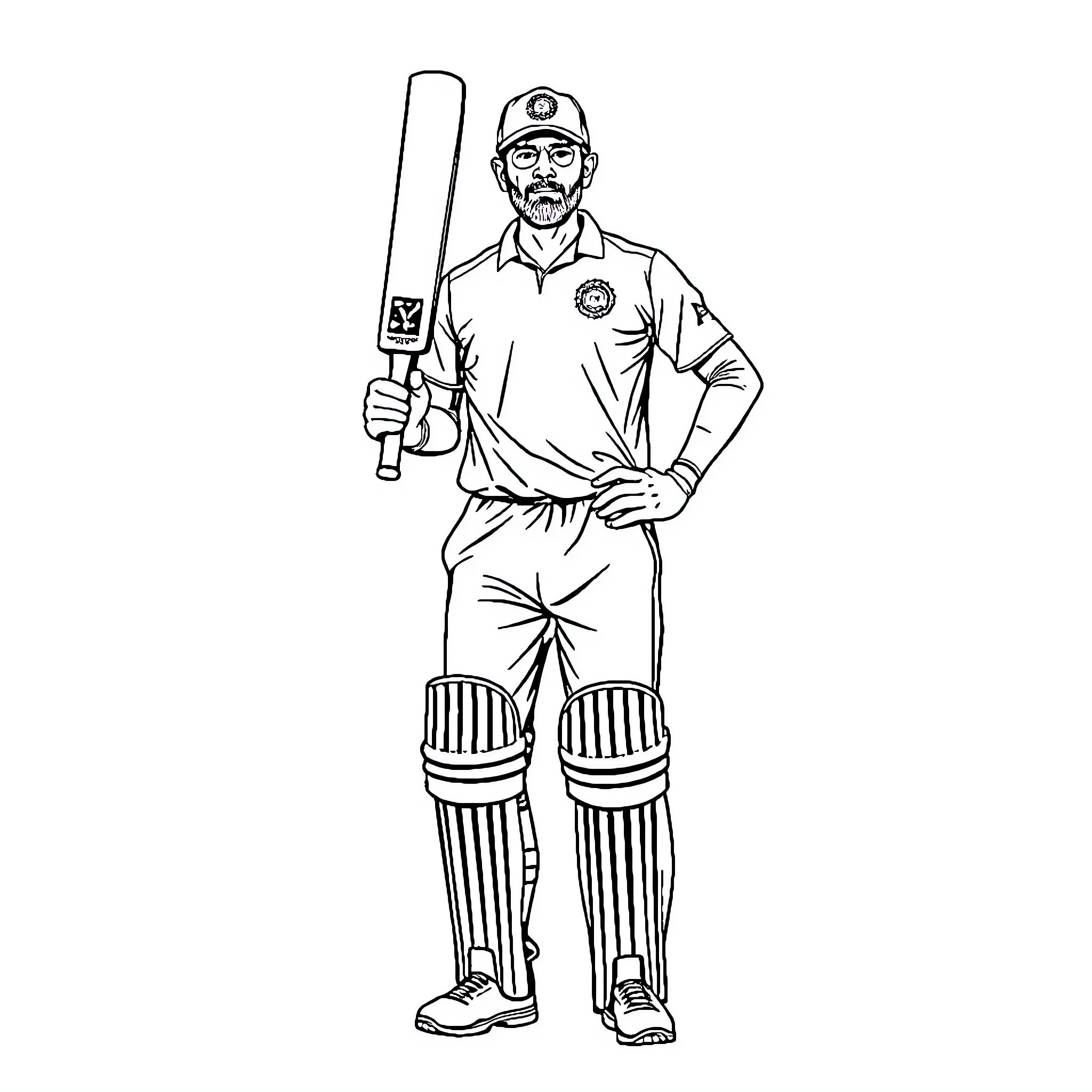 Ms Dhoni in Cricket Uniform Holding Bat Coloring Page (free black-and-white line drawing printable PDF for all, from beginners to advanced learners, including children, teens, adults, and seniors)