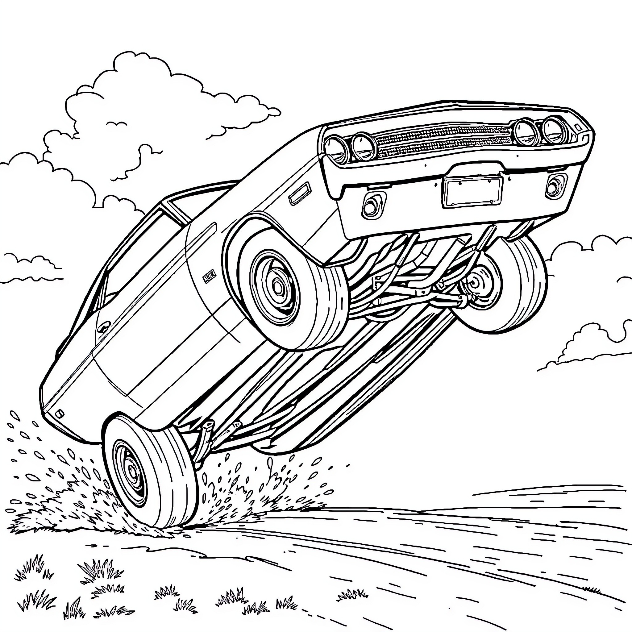 Dodge Challenger Performing Stunt on Dirt Road Coloring Page (free black-and-white line drawing printable PDF for all, from beginners to advanced learners, including children, teens, adults, and seniors)