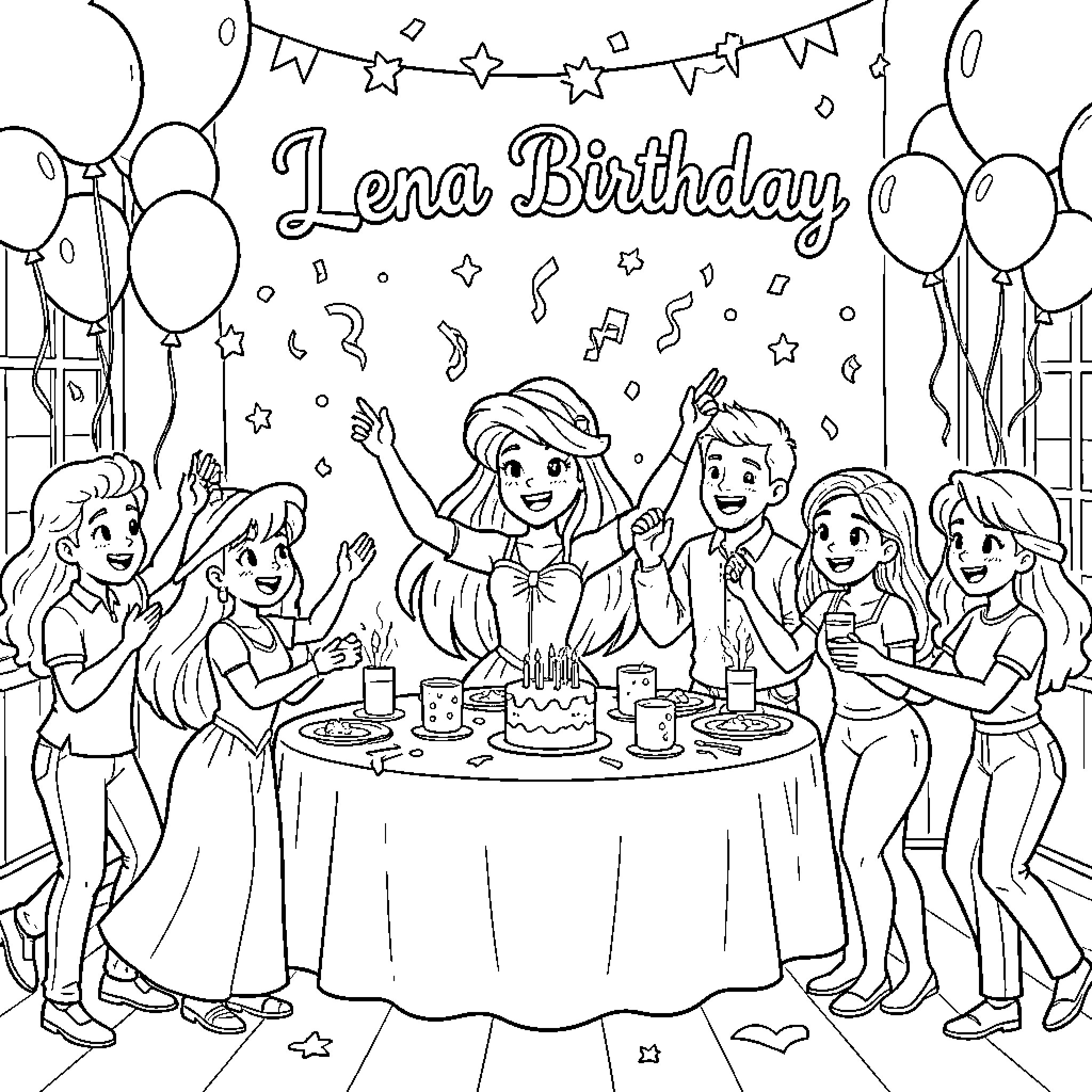 Ariel celebrating a birthday party with friends Coloring Page (free black-and-white line drawing printable PDF for all, from beginners to advanced learners, including children, teens, adults, and seniors)