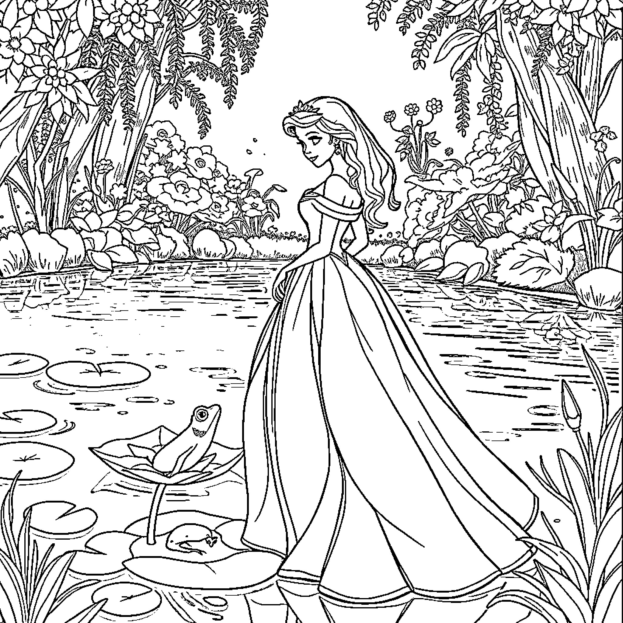 Princess in a Tranquil Garden Coloring Page (free black-and-white line drawing printable PDF for all, from beginners to advanced learners, including children, teens, adults, and seniors)