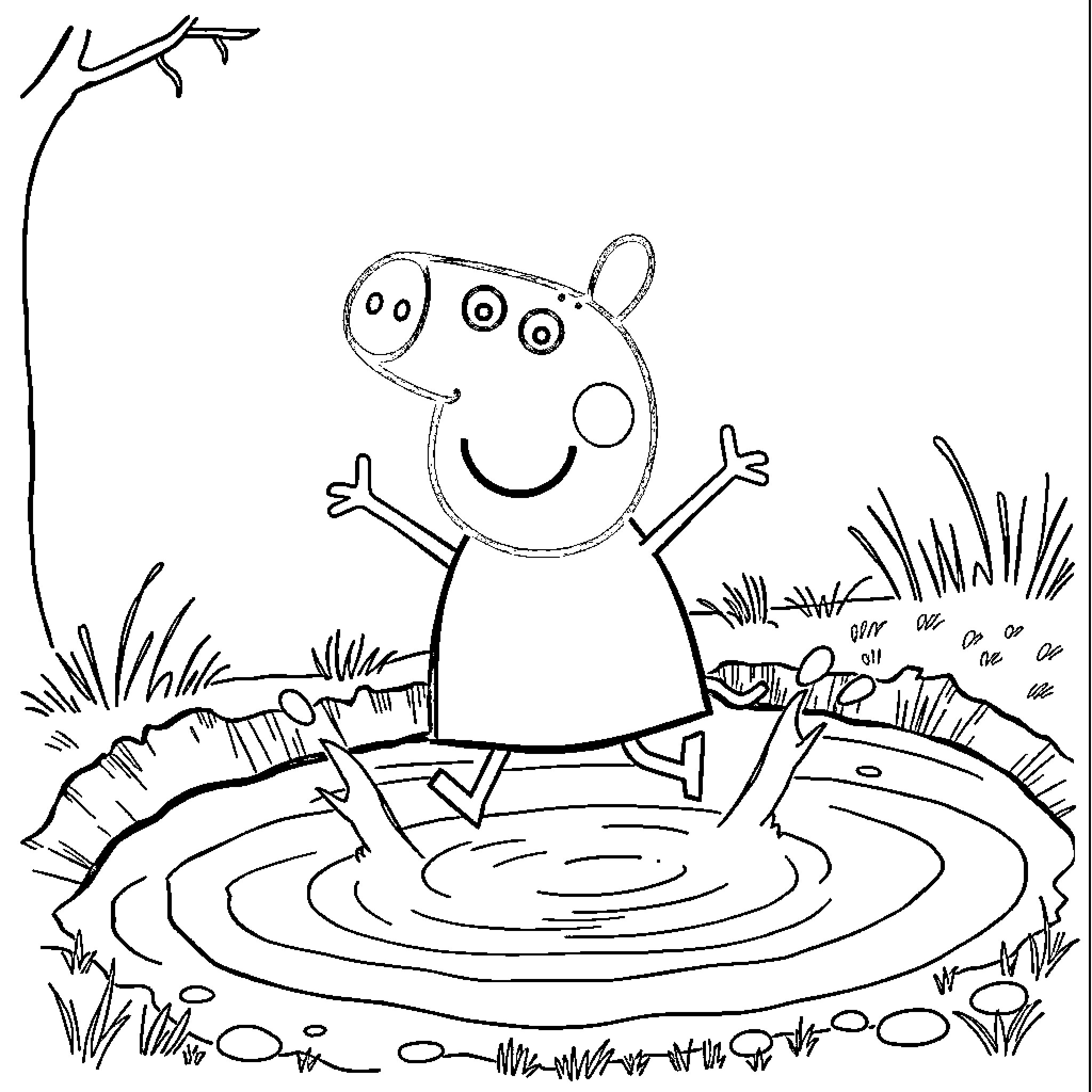 Peppa Pig playing joyfully in a puddle Coloring Page (free black-and-white line drawing printable PDF for all, from beginners to advanced learners, including children, teens, adults, and seniors)