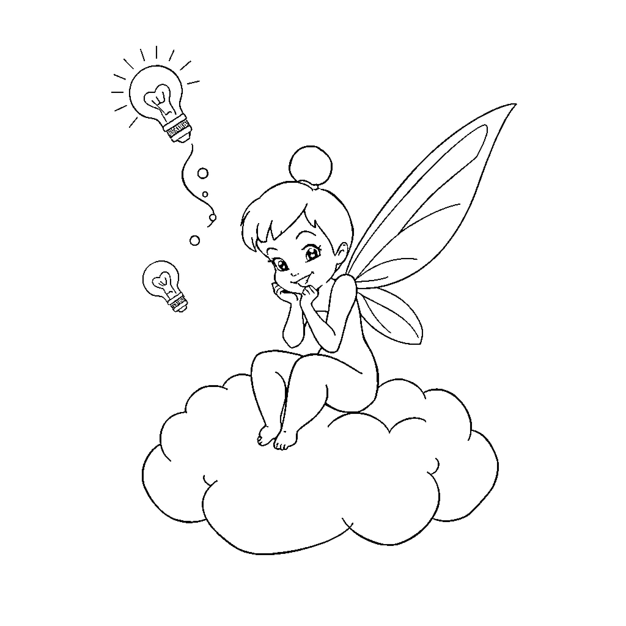 Tinkerbell daydreaming on a cloud with ideas Coloring Page (free black-and-white line drawing printable PDF for all, from beginners to advanced learners, including children, teens, adults, and seniors)