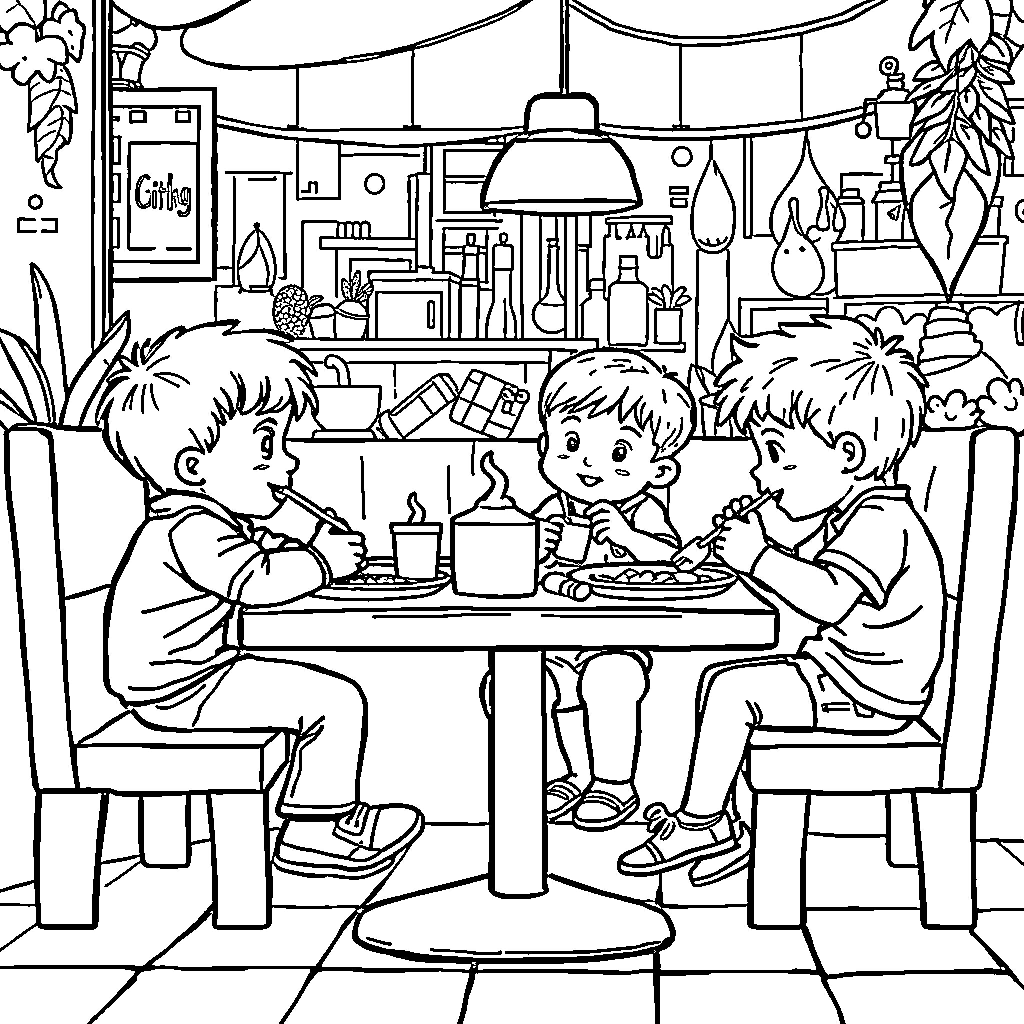 Children Enjoying a Cozy Cafe Moment Coloring Page (free black-and-white line drawing printable PDF for all, from beginners to advanced learners, including children, teens, adults, and seniors)