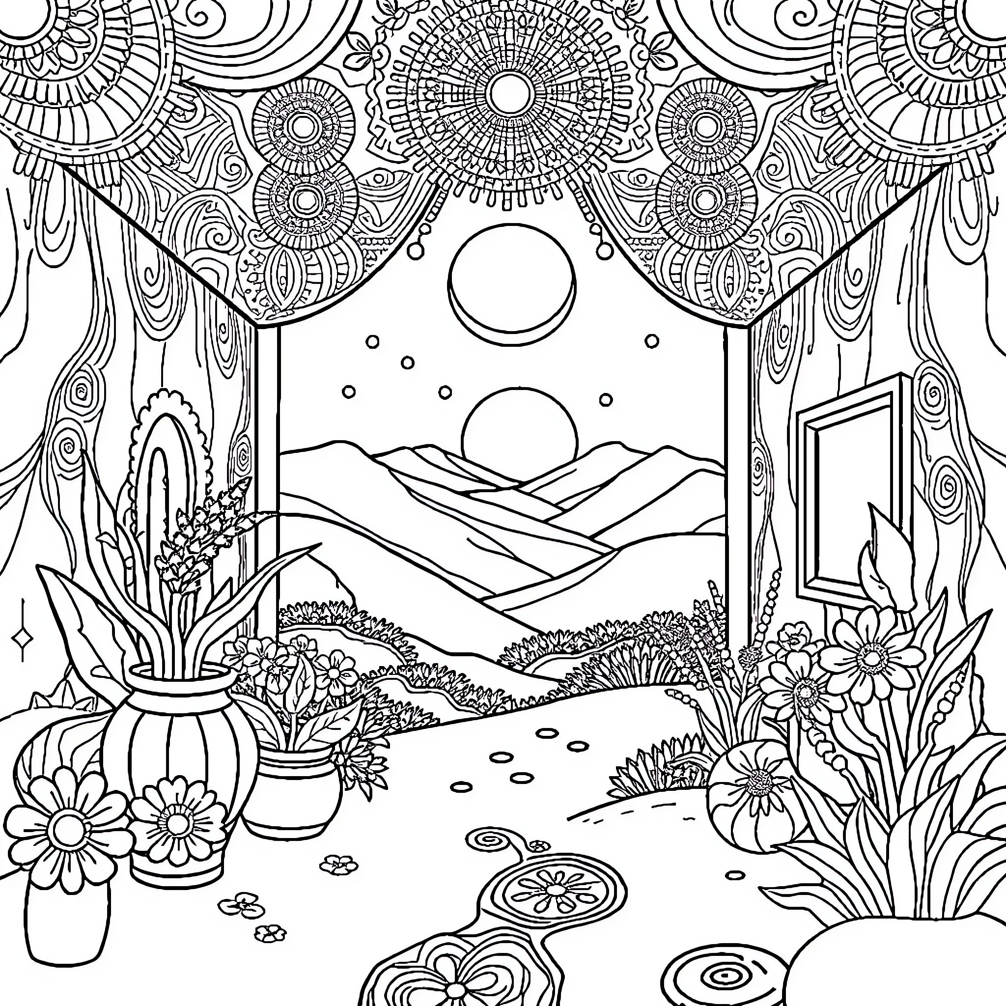 Mandalas in Serene Landscape Illustration Coloring Page (free black-and-white line drawing printable PDF for all, from beginners to advanced learners, including children, teens, adults, and seniors)