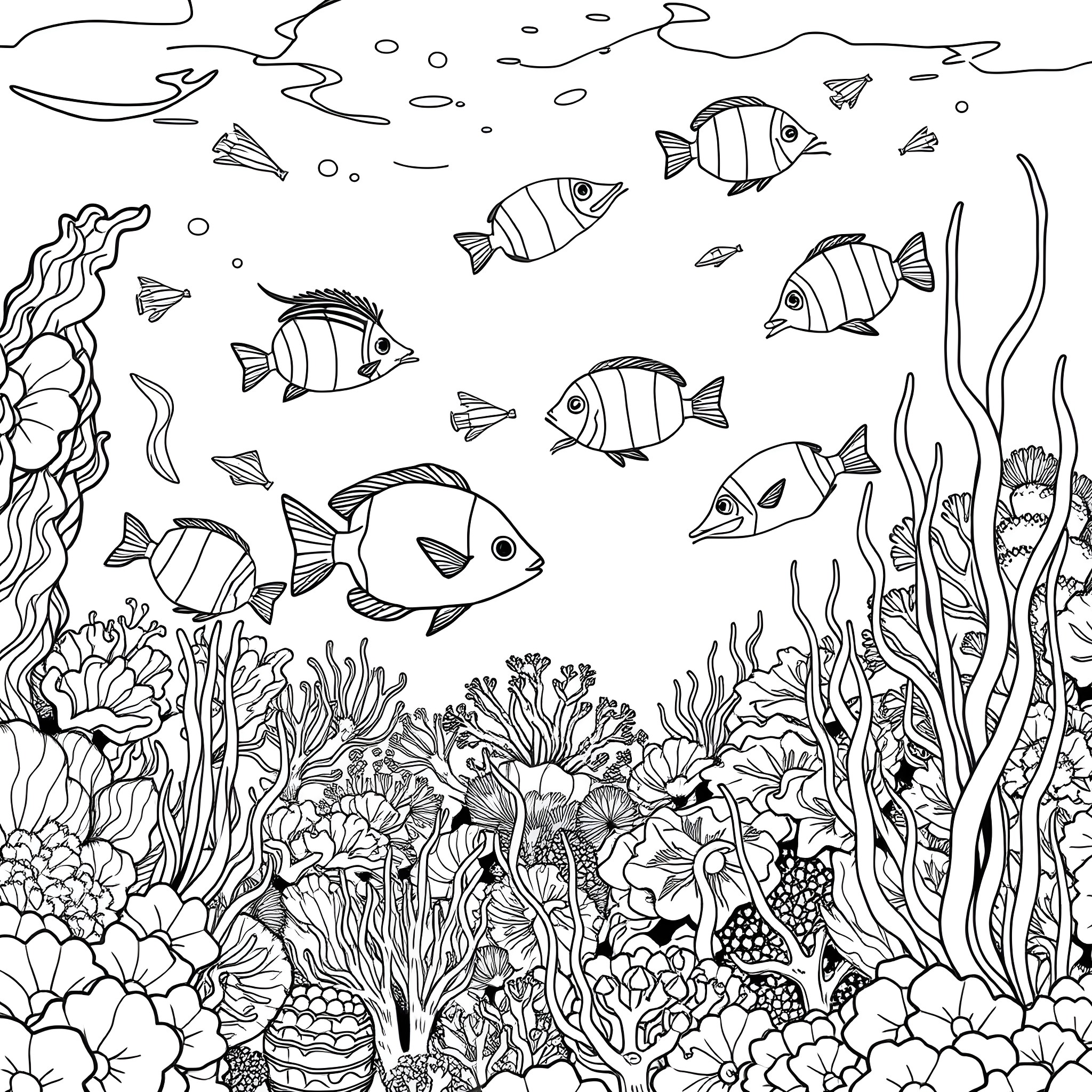 Fish swimming among coral reef and underwater plants Coloring Page (free black-and-white line drawing printable PDF for all, from beginners to advanced learners, including children, teens, adults, and seniors)