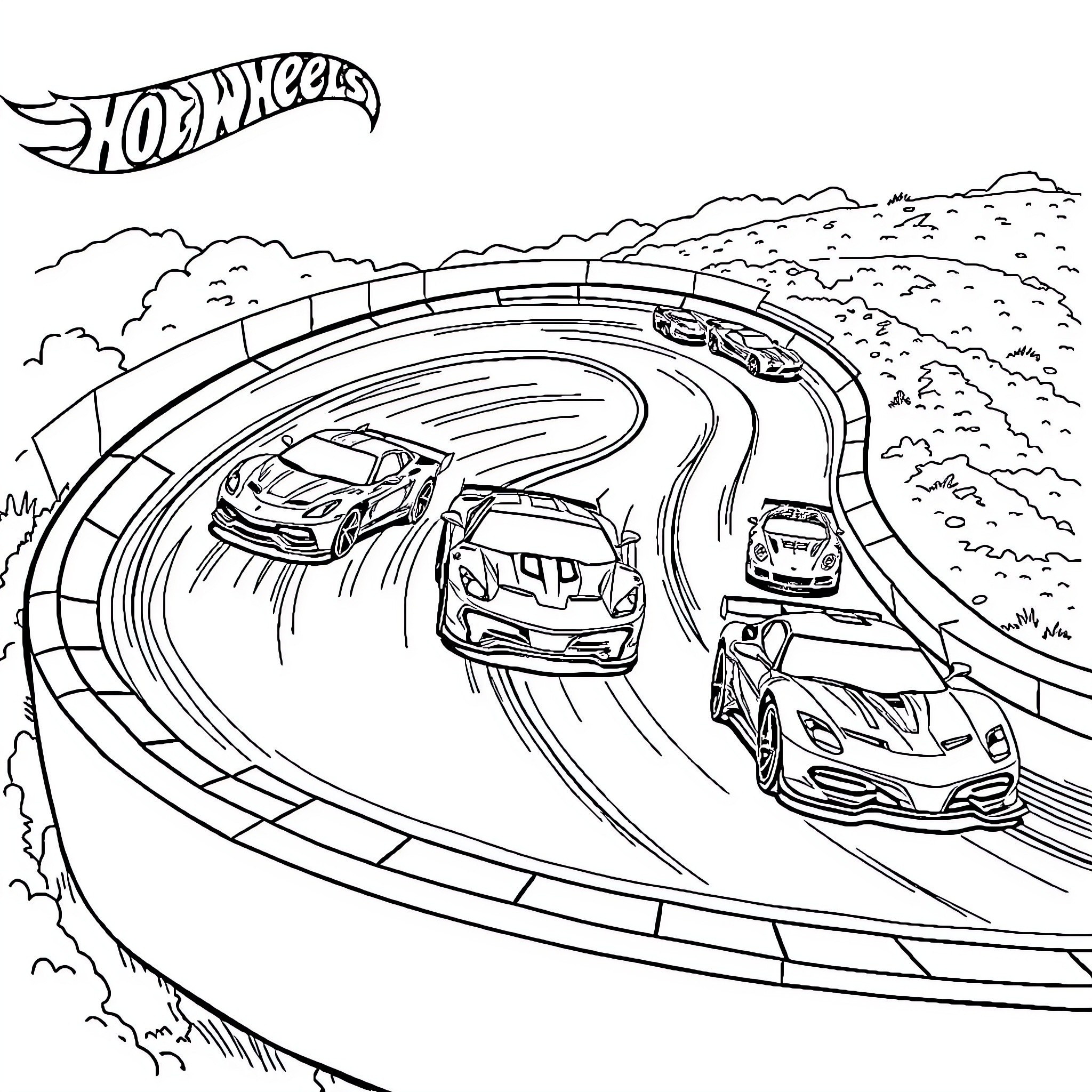 Car Racing Around Winding Track Coloring Page (free black-and-white line drawing printable PDF for all, from beginners to advanced learners, including children, teens, adults, and seniors)
