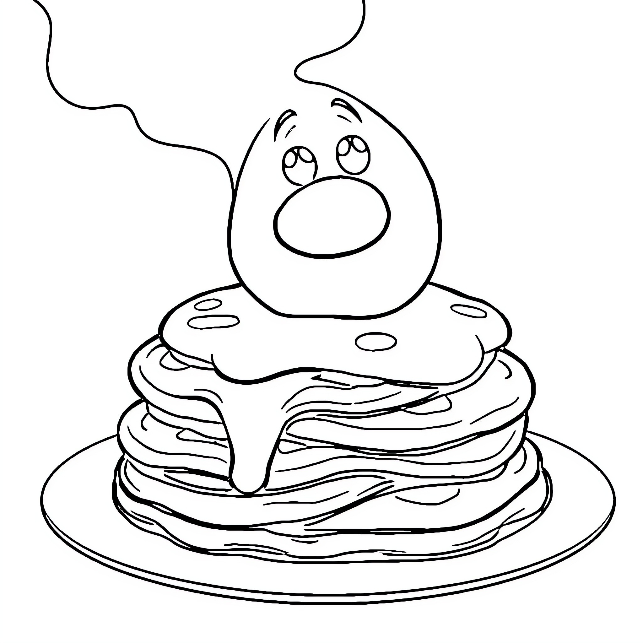 Poach amusing egg character on pancake platter Coloring Page (free black-and-white line drawing printable PDF for all, from beginners to advanced learners, including children, teens, adults, and seniors)