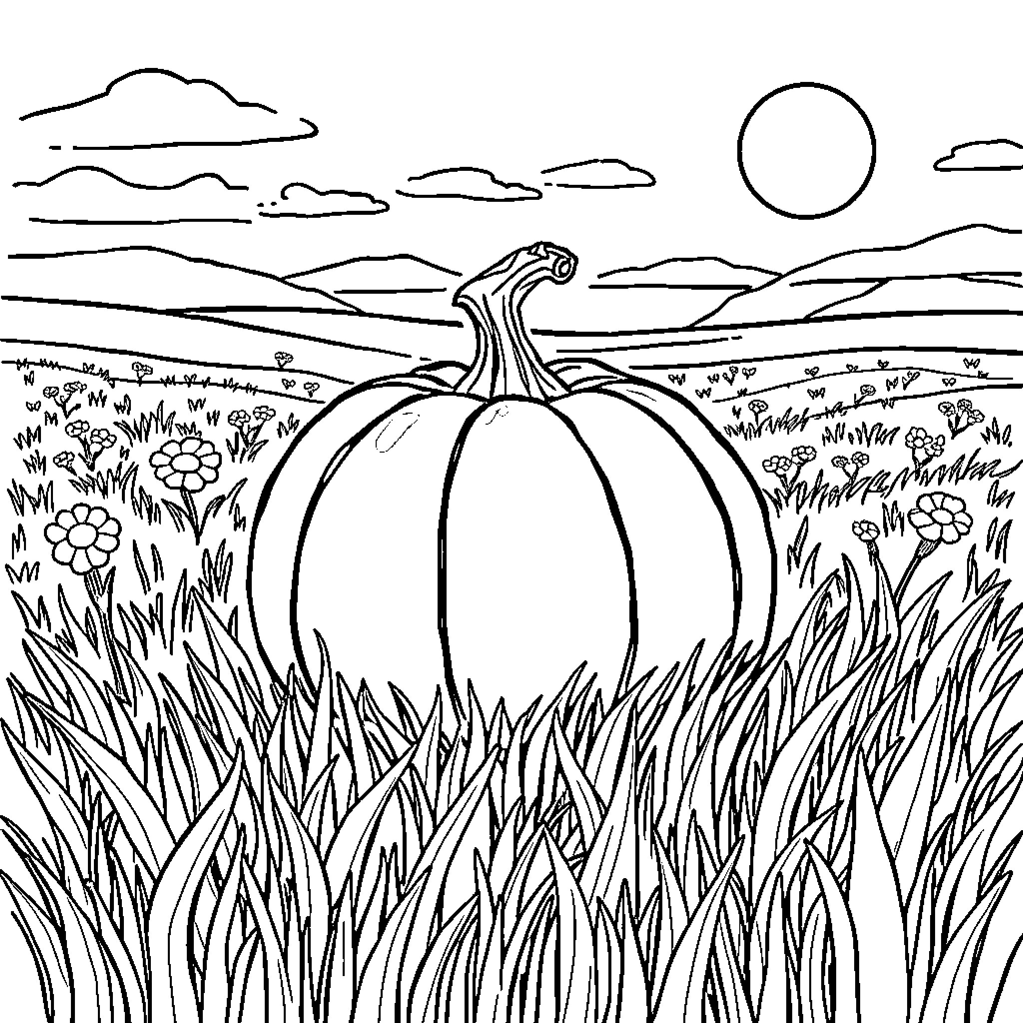 Pumpkin in the Meadow Coloring Page (free black-and-white line drawing printable PDF for all, from beginners to advanced learners, including children, teens, adults, and seniors)
