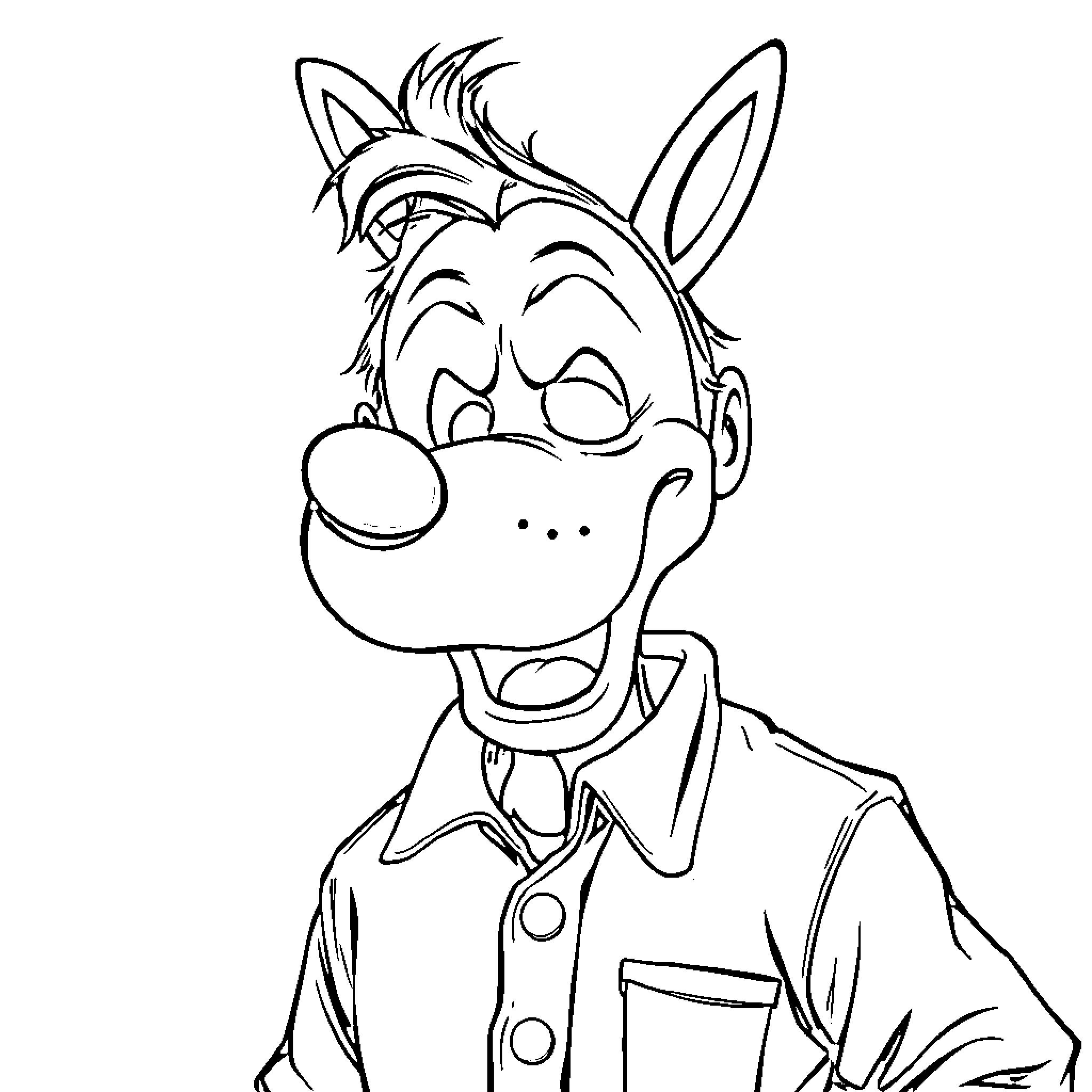 Goofy character with comical expression and clothing Coloring Page (free black-and-white line drawing printable PDF for all, from beginners to advanced learners, including children, teens, adults, and seniors)