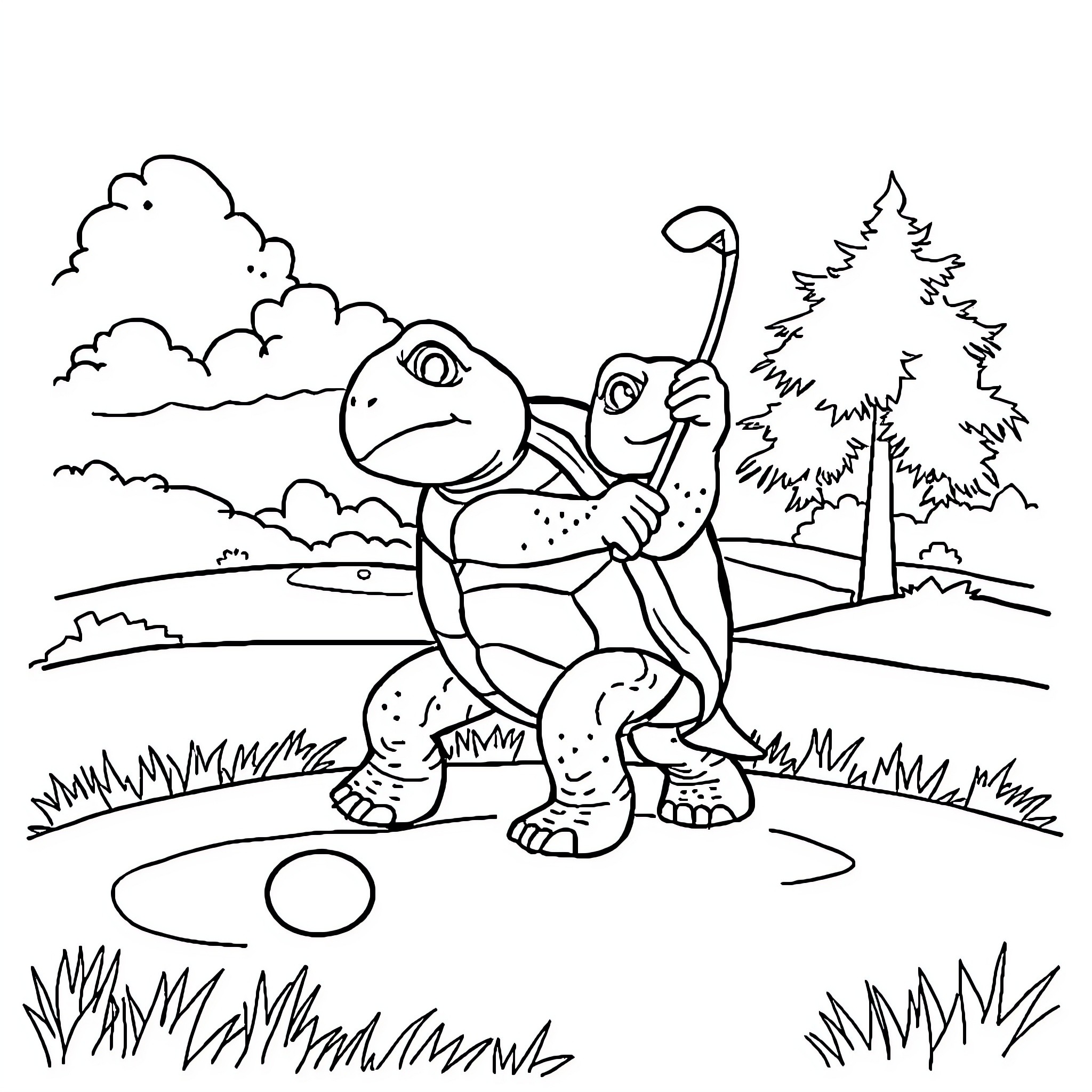 Turtle enjoying nature outdoors Coloring Page (free black-and-white line drawing printable PDF for all, from beginners to advanced learners, including children, teens, adults, and seniors)