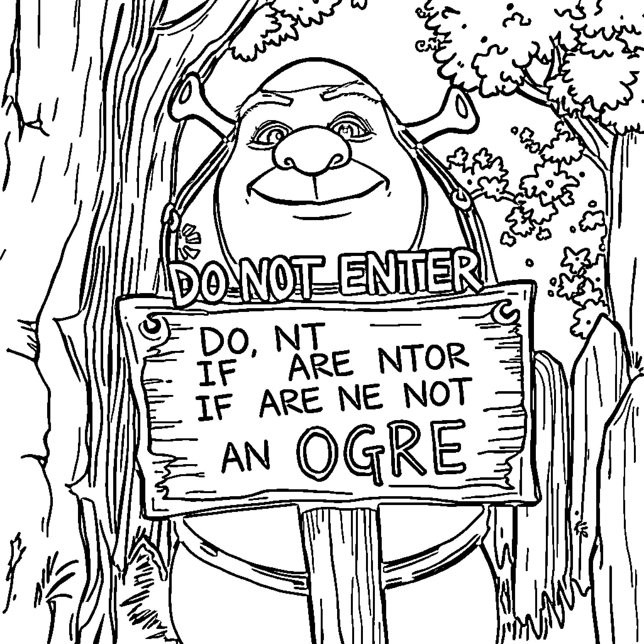 Shrek's Humorous Warning Sign in the Forest Coloring Page (free black-and-white line drawing printable PDF for all, from beginners to advanced learners, including children, teens, adults, and seniors)